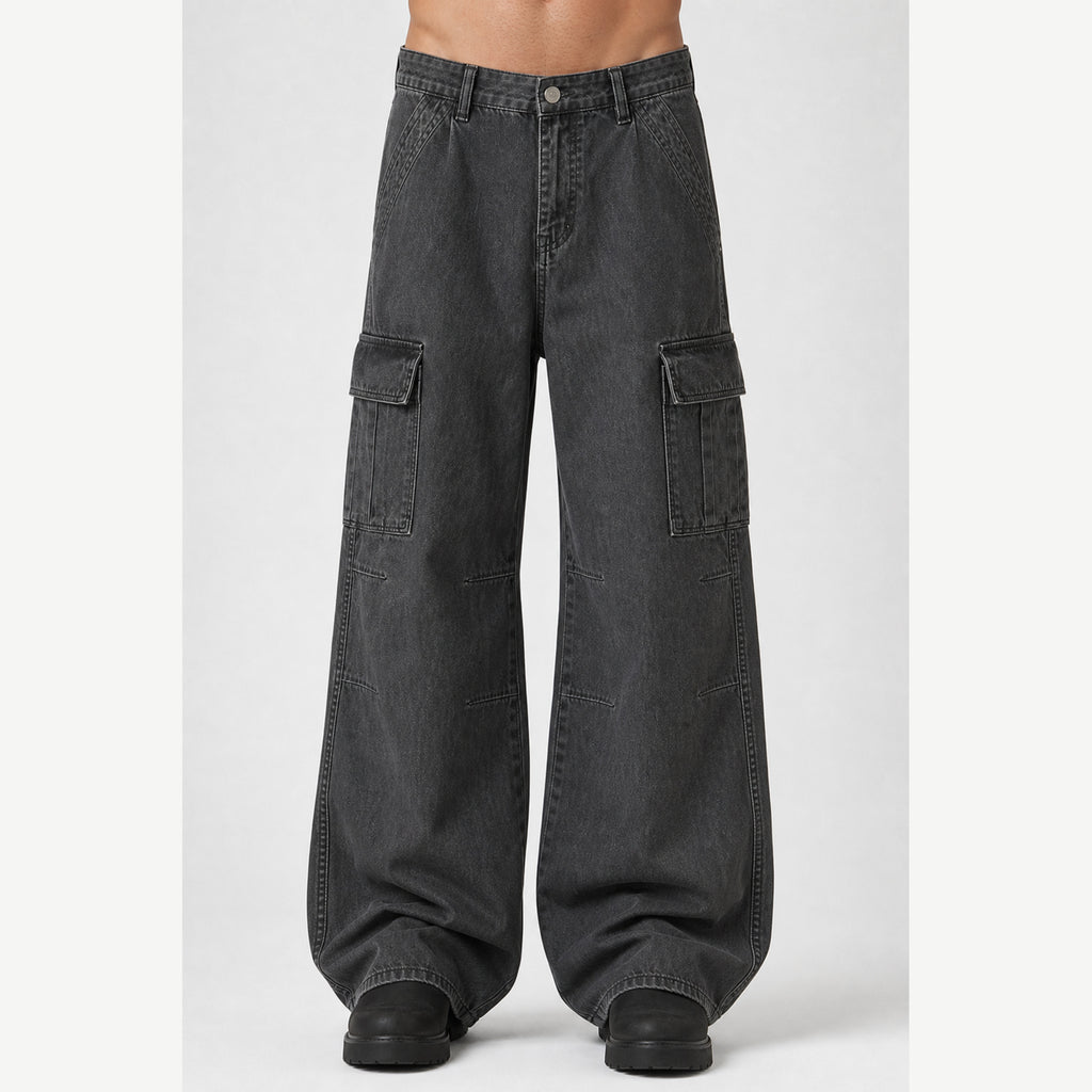 Men's charcoal utility wide-leg jeans model front view