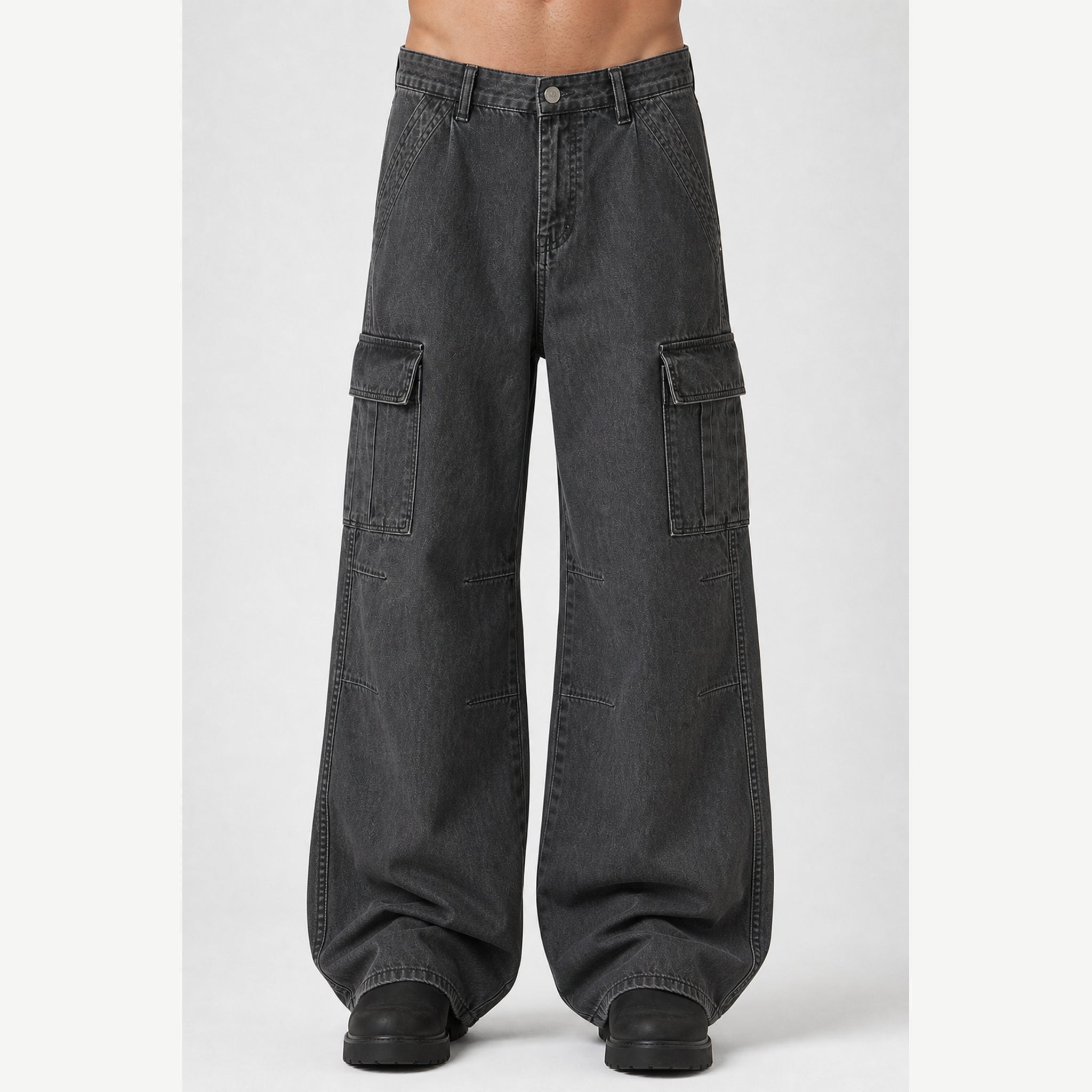 Men's charcoal utility wide-leg jeans model front view
