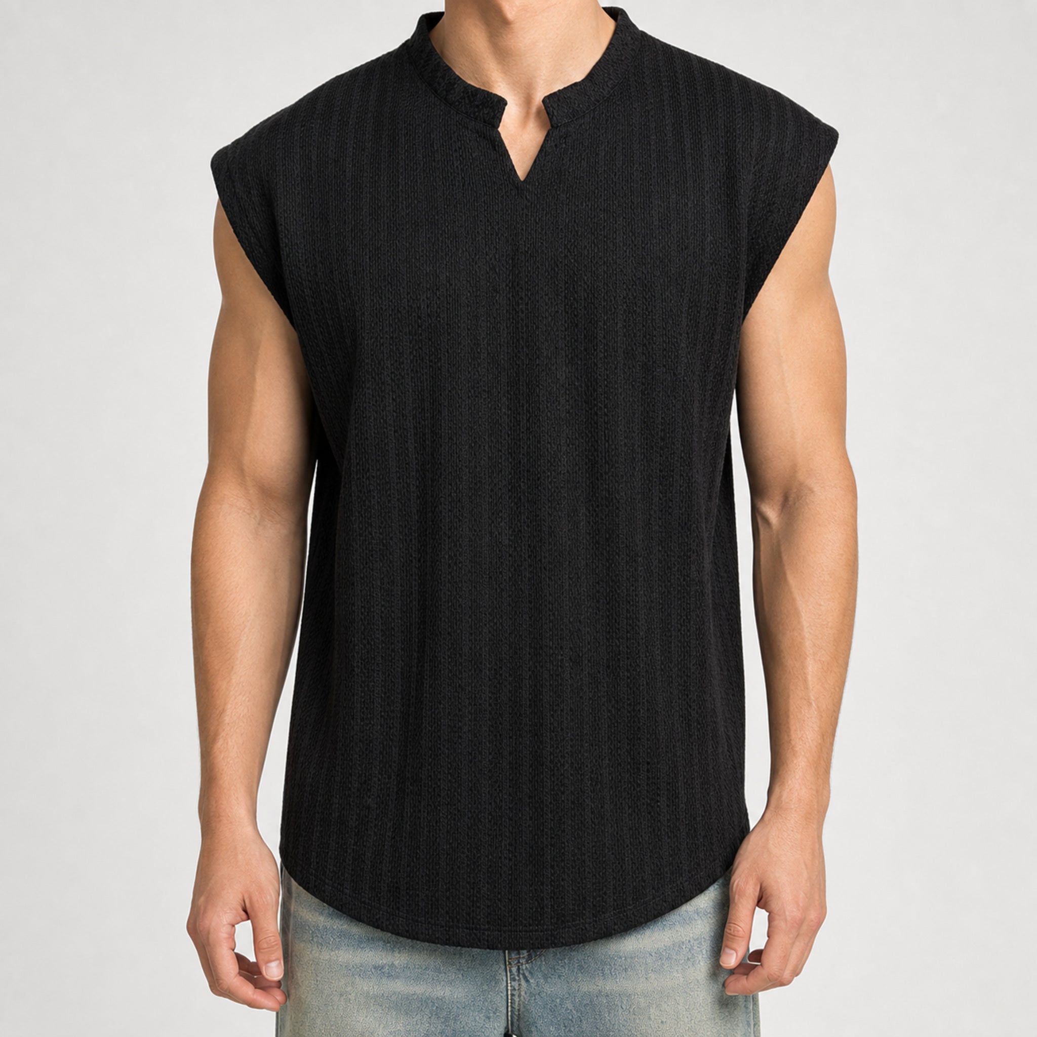 Men's Open Collar Ribbed Knit Vest in Black, model front view
