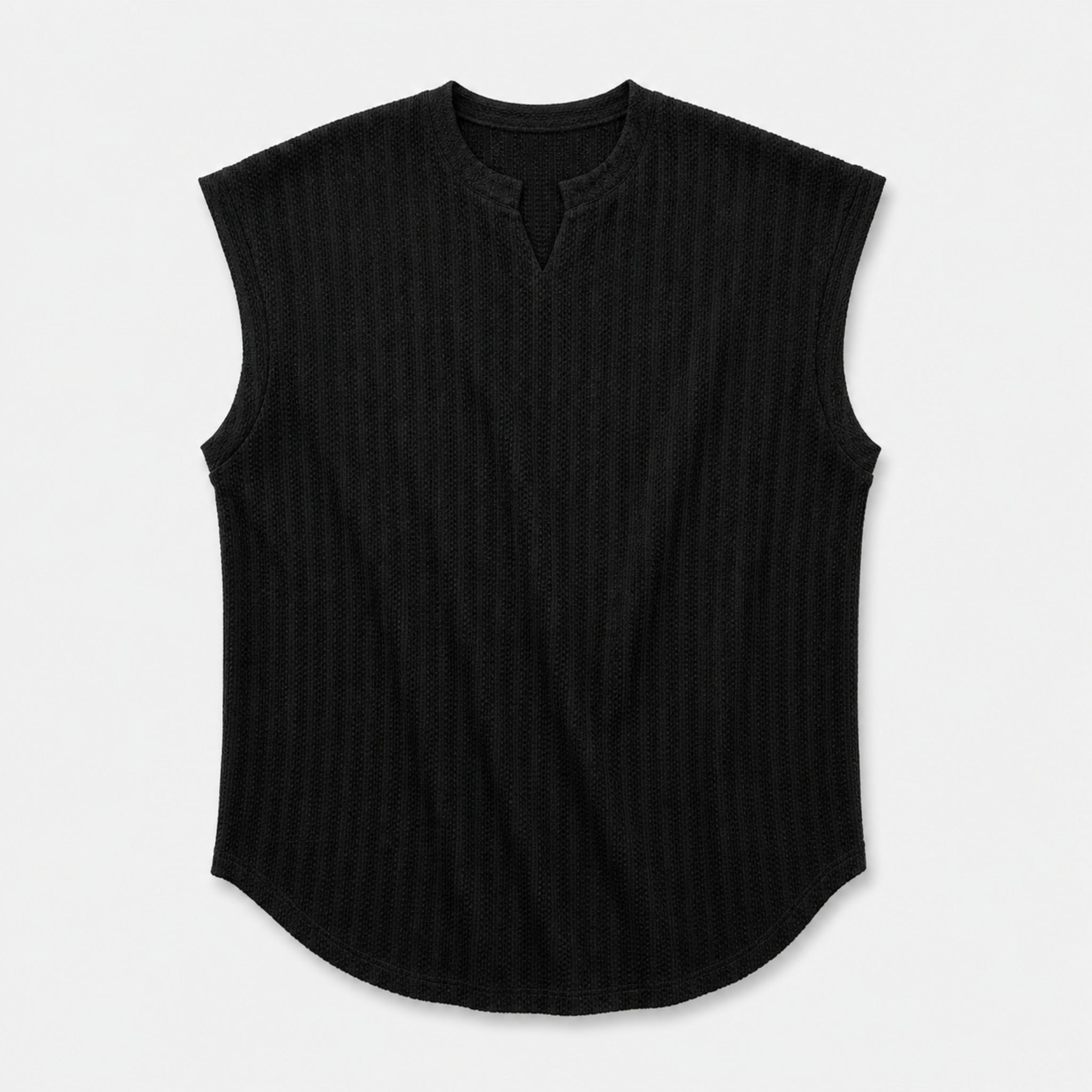 Men's Open Collar Ribbed Knit Vest in Black, product front view
