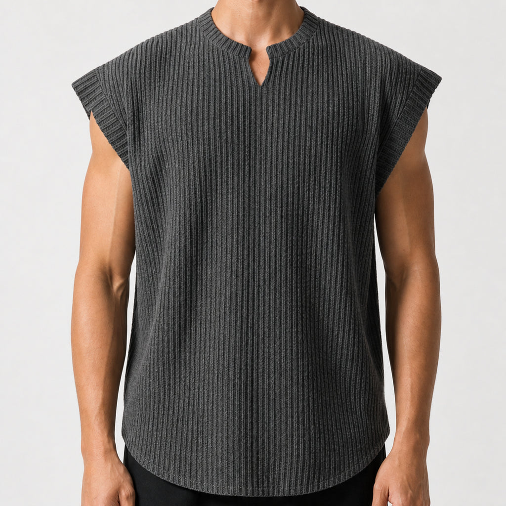 Men's Open Collar Ribbed Knit Vest in Grey, model front view