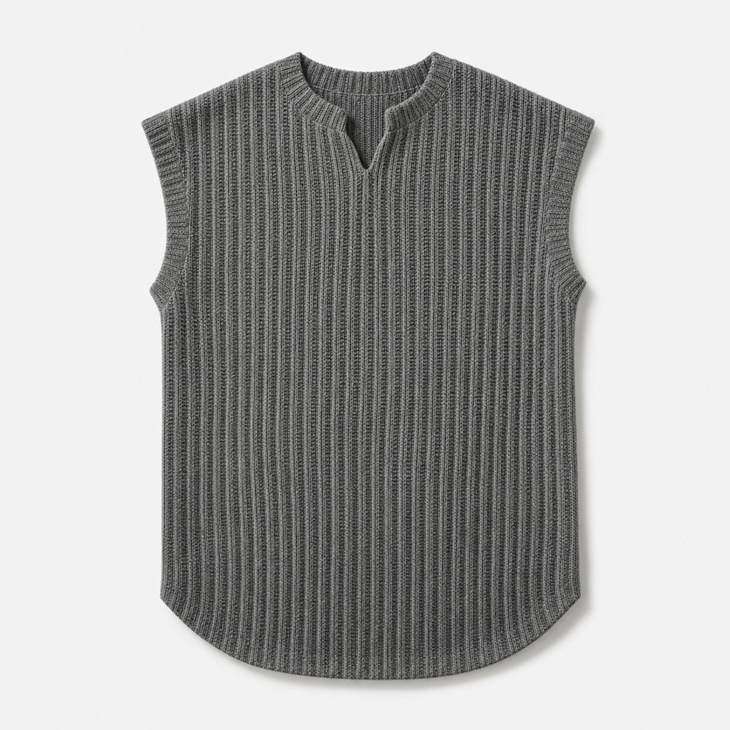 Men's Open Collar Ribbed Knit Vest in Grey, product front view