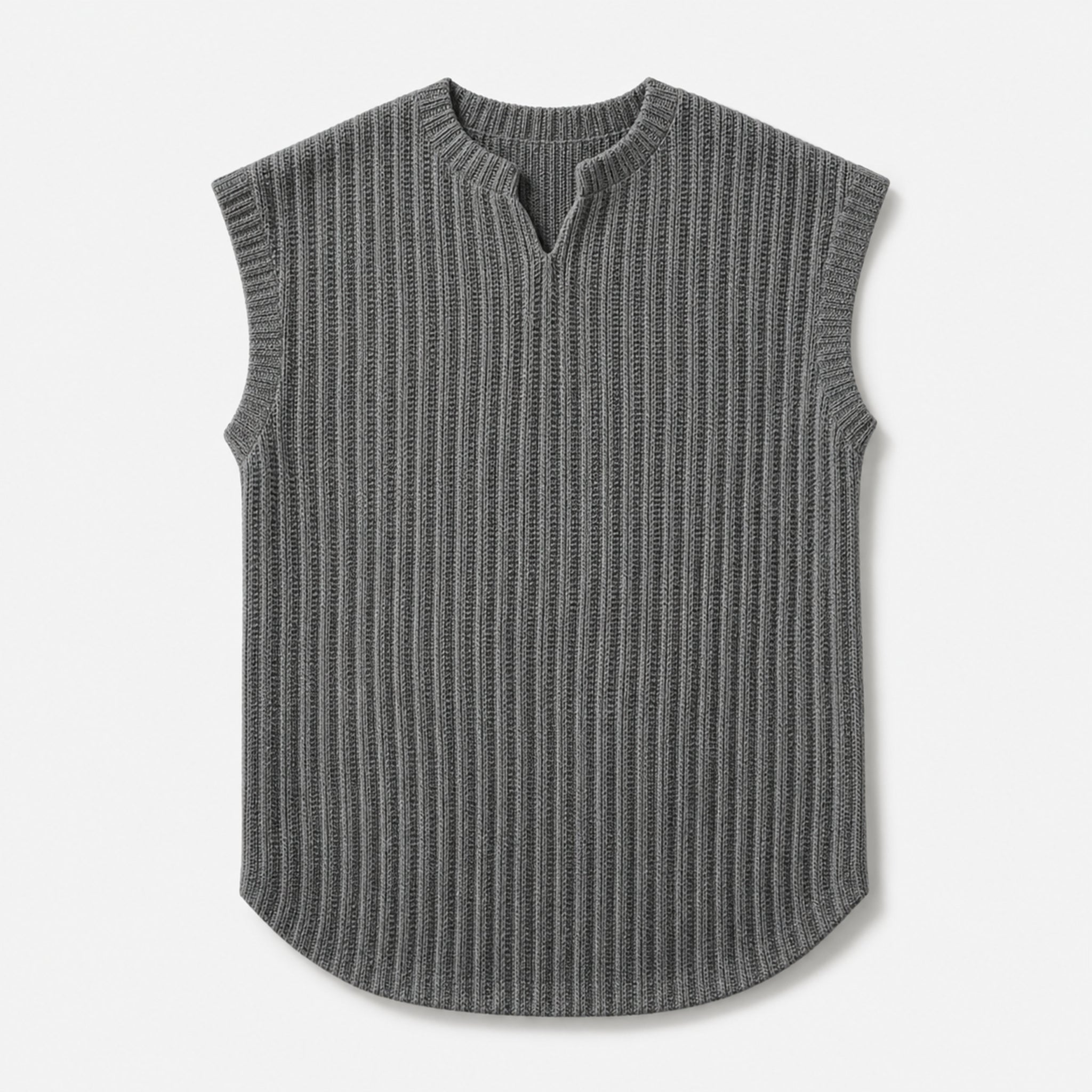 Men's Open Collar Ribbed Knit Vest in Grey, product front view