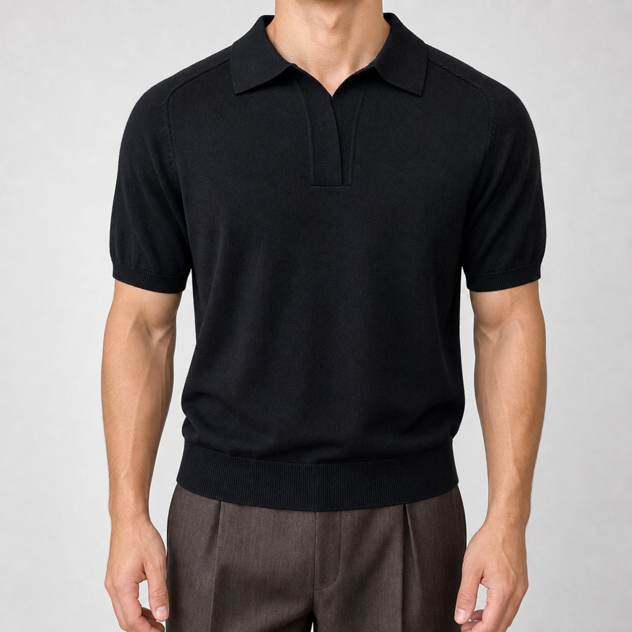 Men's Open Collar Knit Polo Shirt in Black, model front view