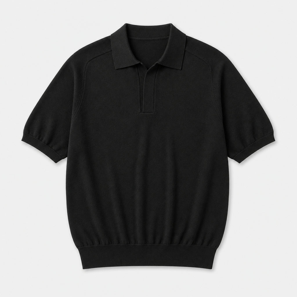 Men's Open Collar Knit Polo Shirt in Black, product front view