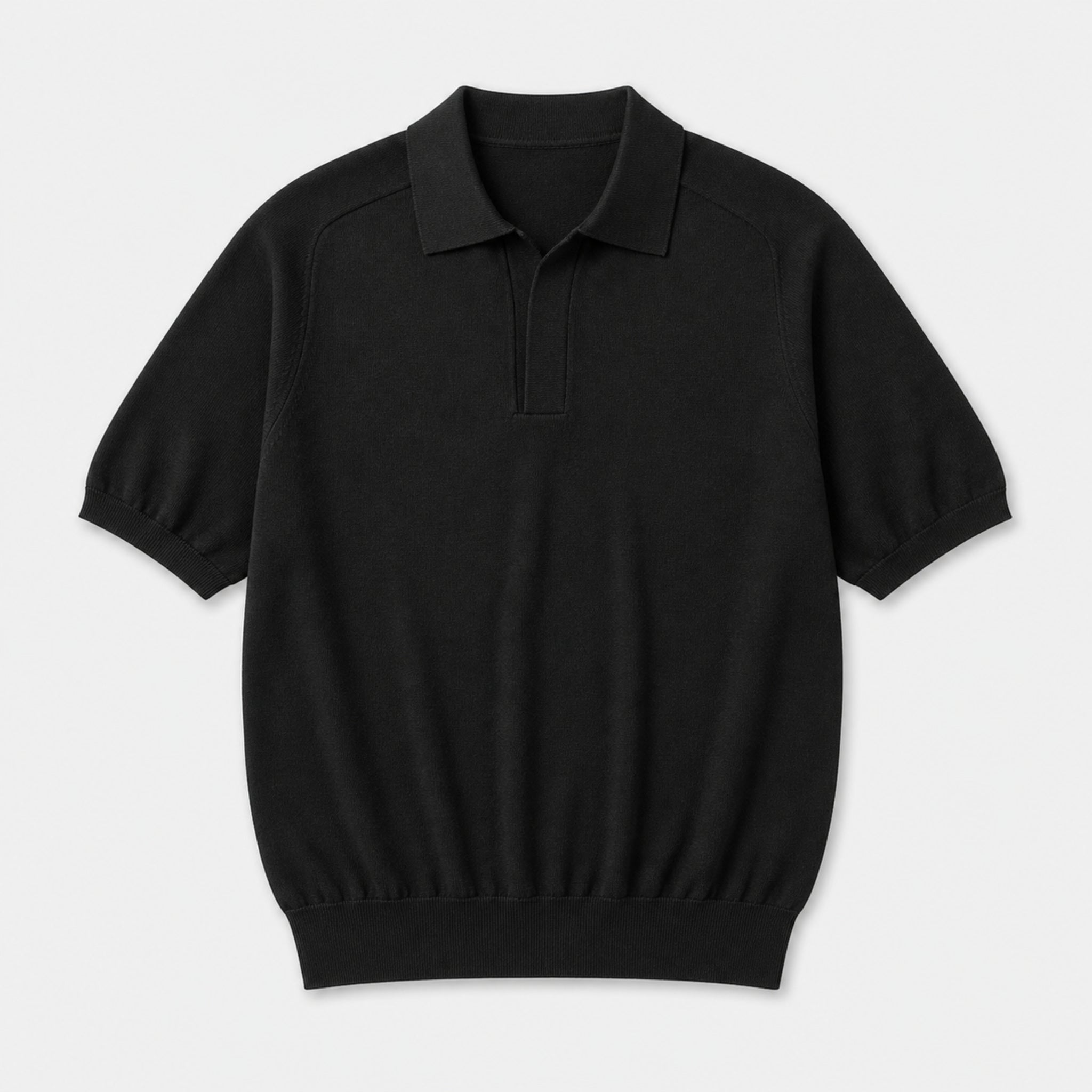 Men's Open Collar Knit Polo Shirt in Black, product front view