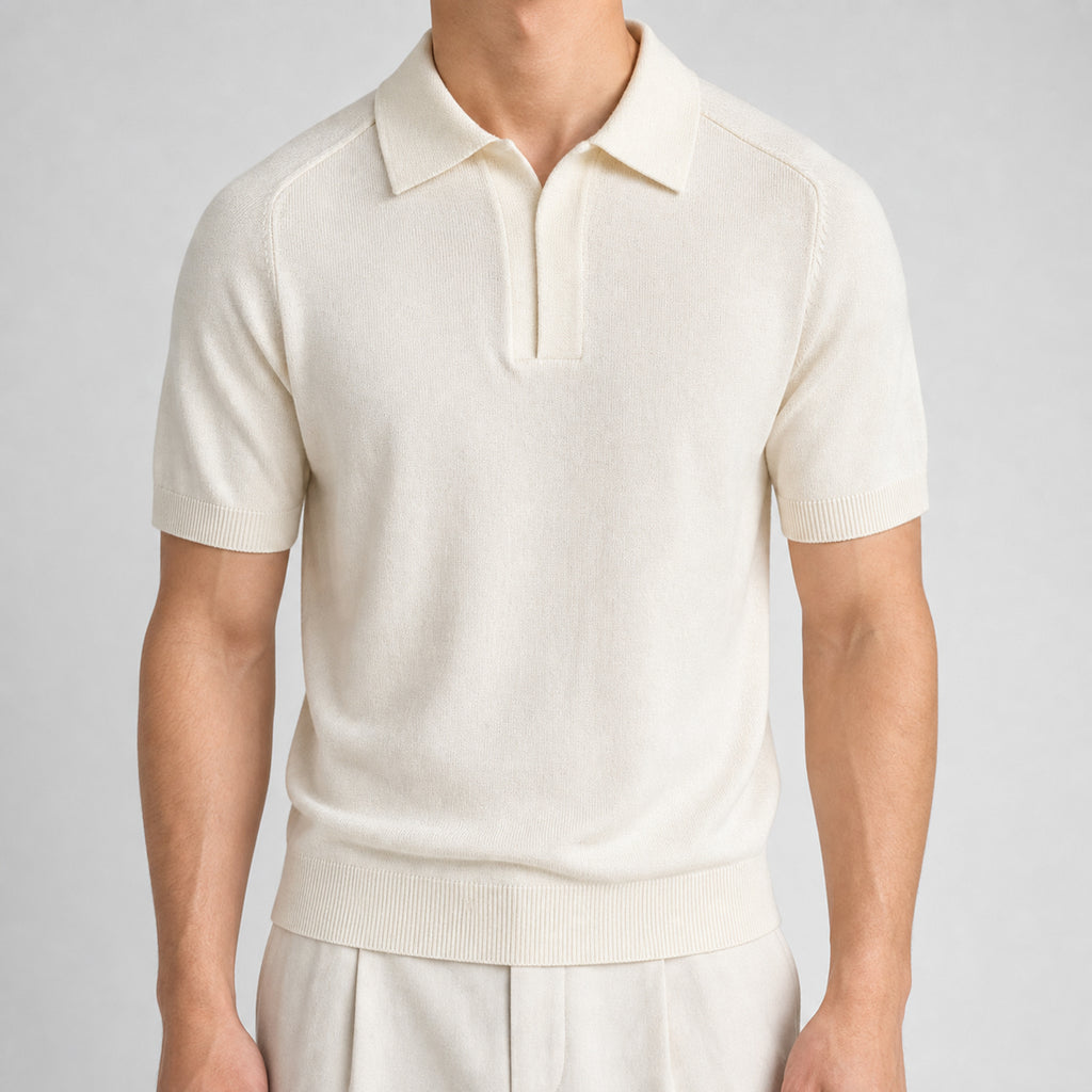 Men's Open Collar Knit Polo Shirt in Ivory, model front view