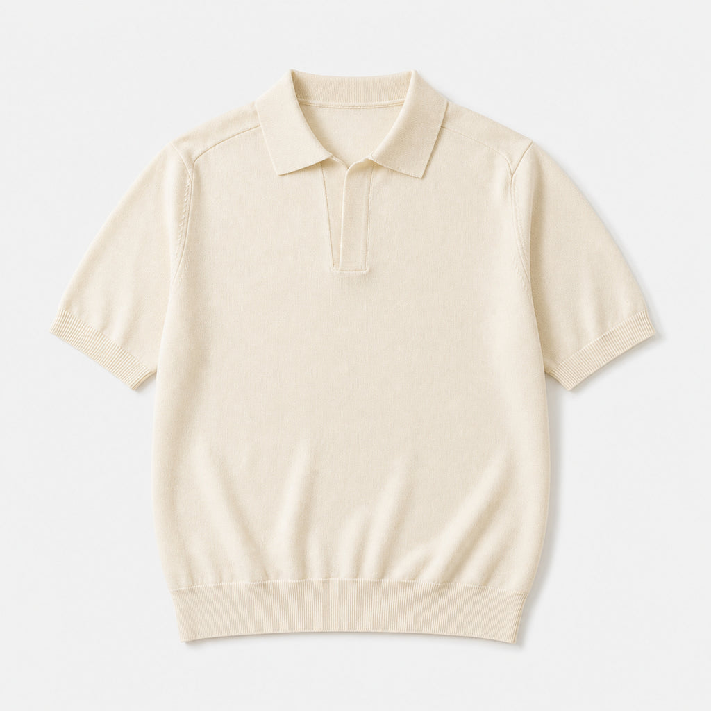 Men's Open Collar Knit Polo Shirt in Ivory, product front view