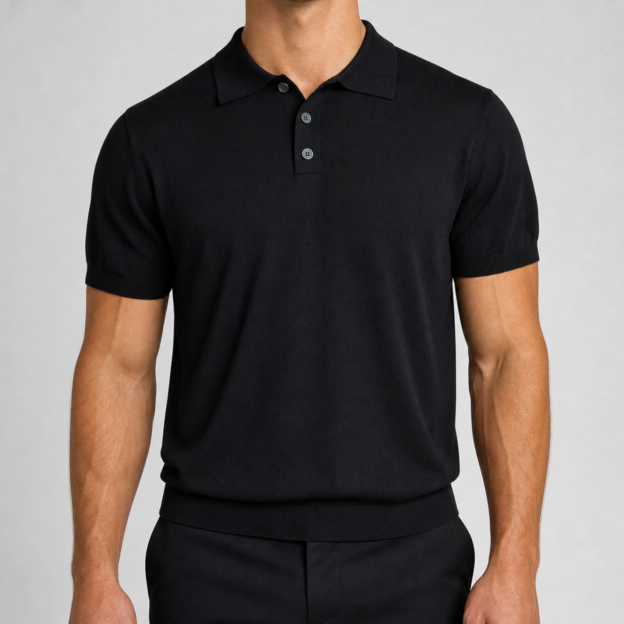 Men's Three-Button Knit Polo Shirt in Black, model front view
