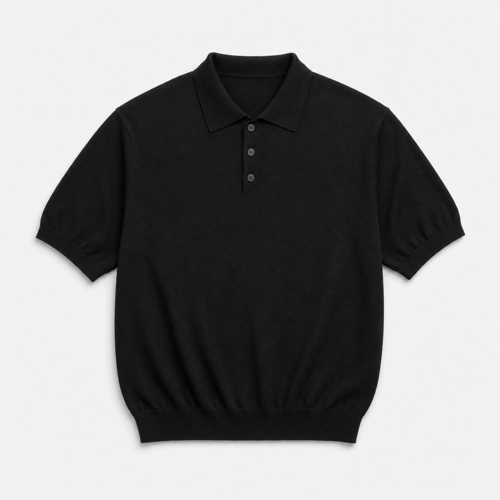 Men's Three-Button Knit Polo Shirt in Black, product front view