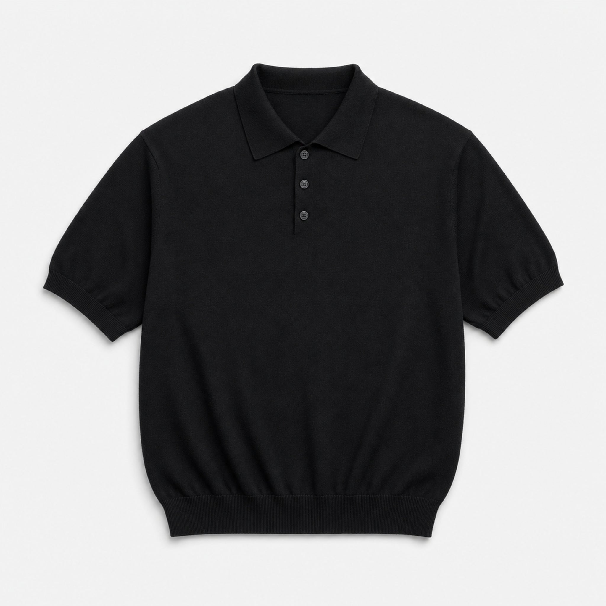 Men's Three-Button Knit Polo Shirt in Black, product front view
