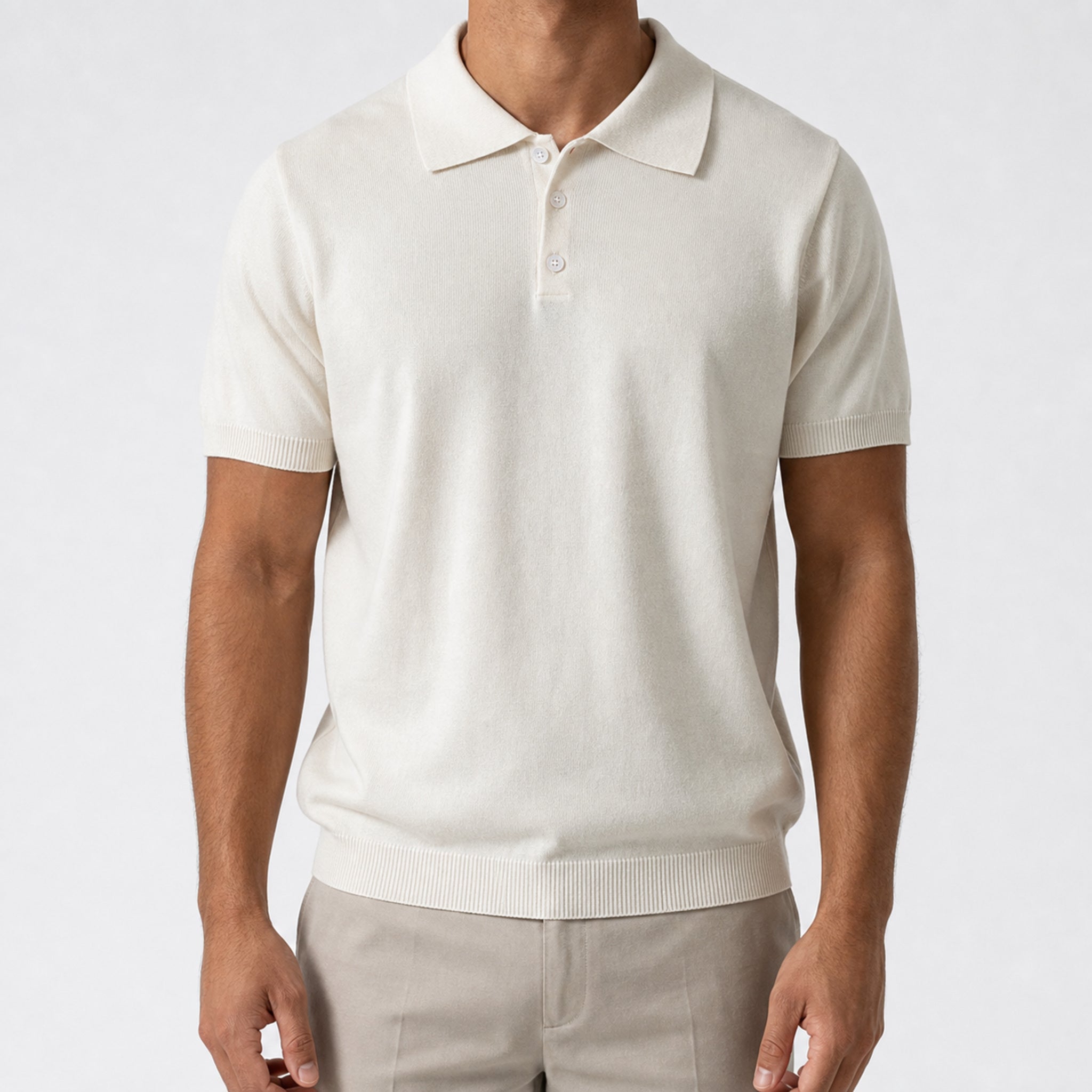 Men's Three-Button Knit Polo Shirt in Ivory, model front view