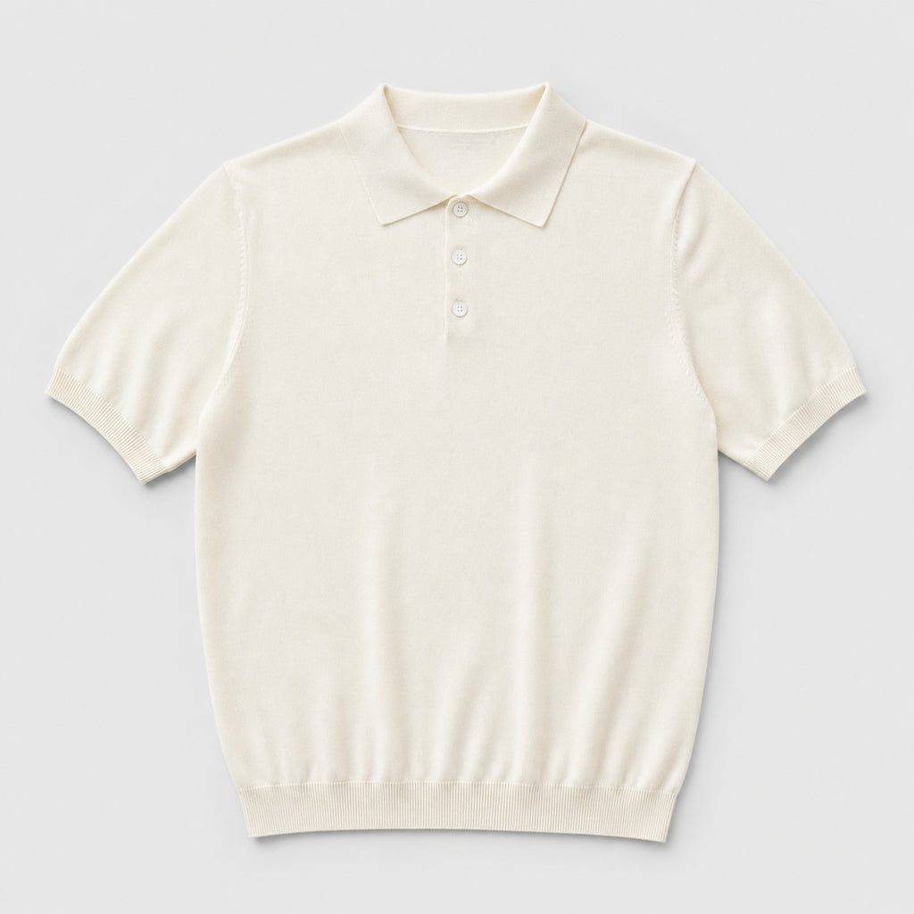 Men's Three-Button Knit Polo Shirt in Ivory, product front view