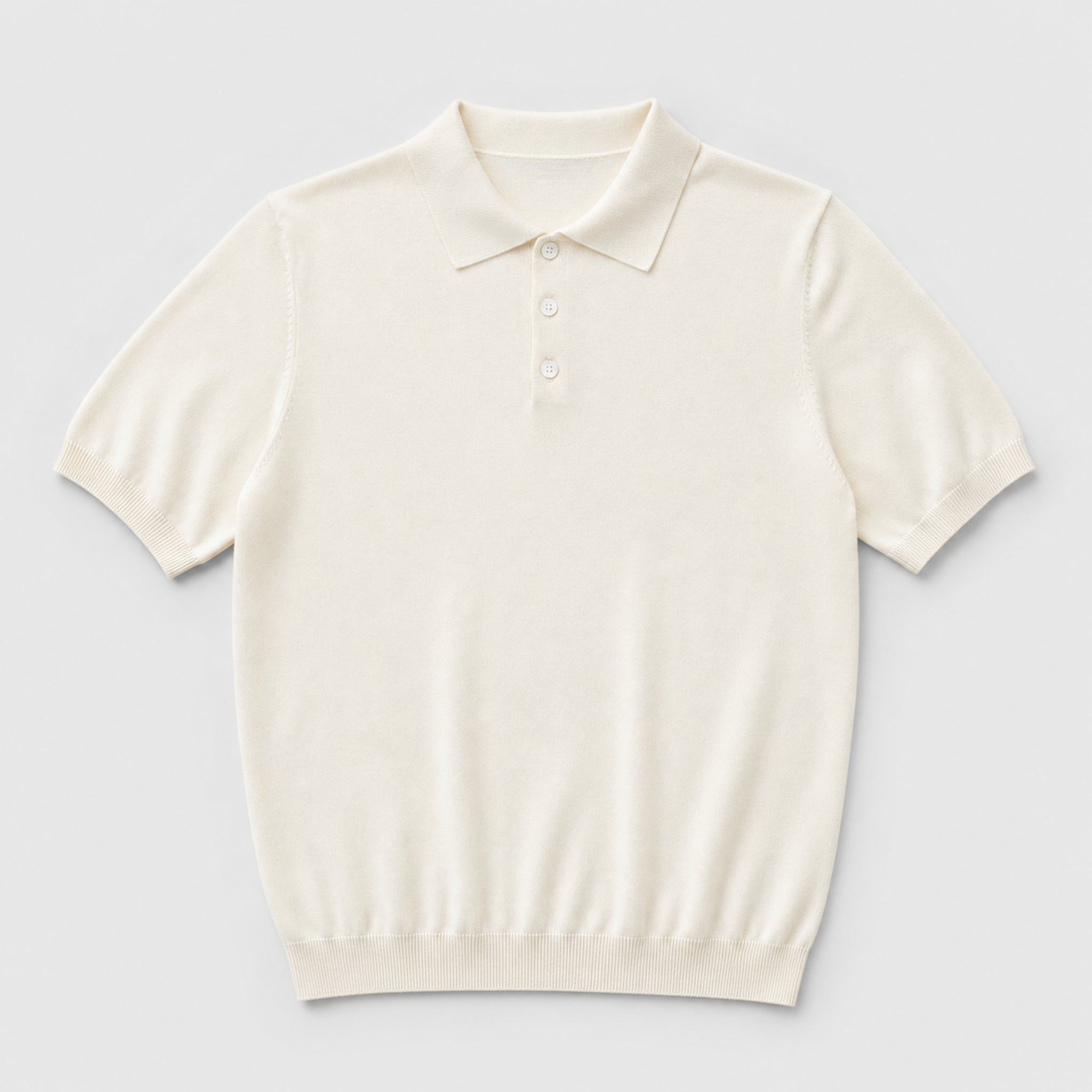 Men's Three-Button Knit Polo Shirt in Ivory, product front view