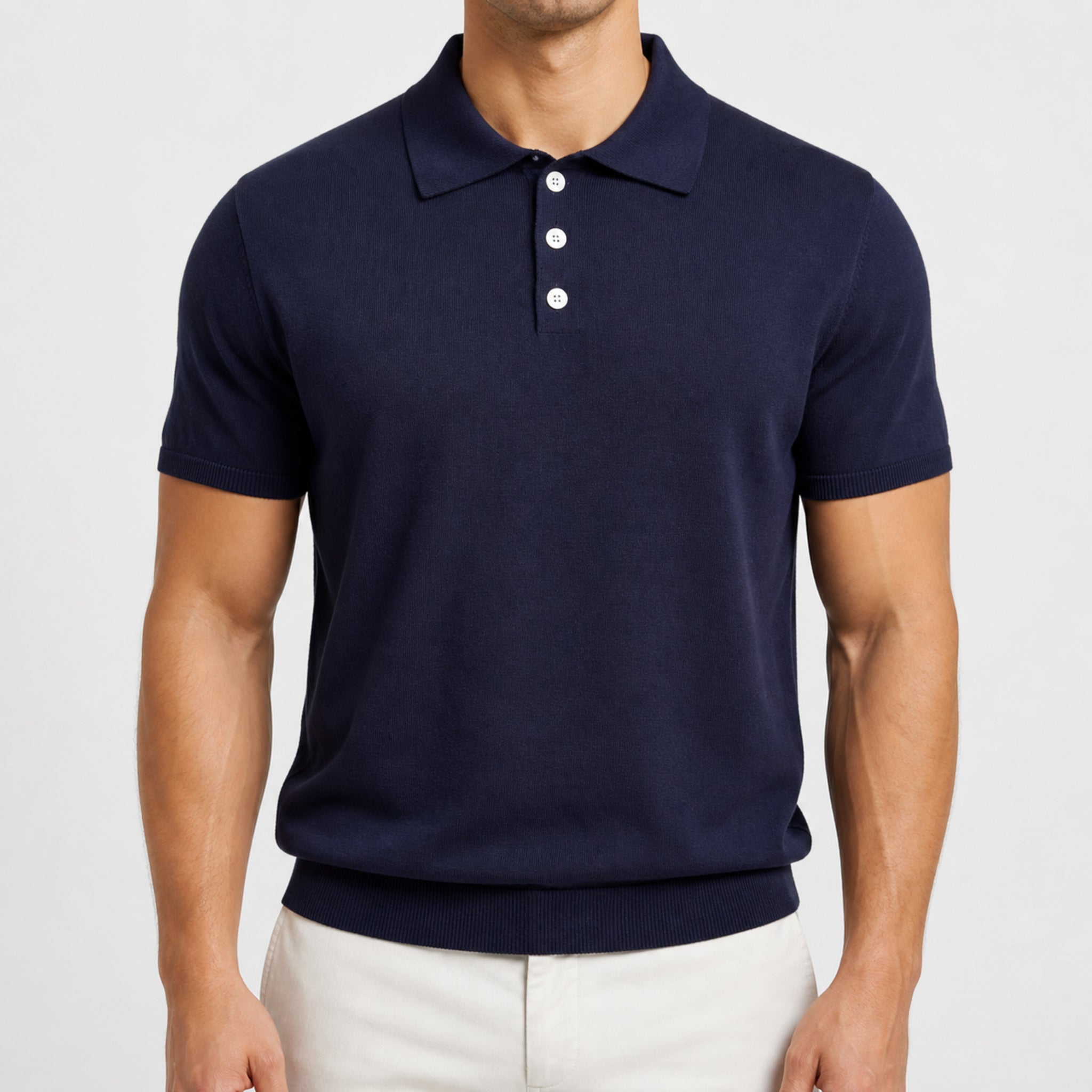 Men's Three-Button Knit Polo Shirt in Navy, model front view