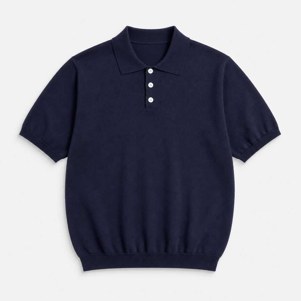 Men's Three-Button Knit Polo Shirt in Navy, product front view