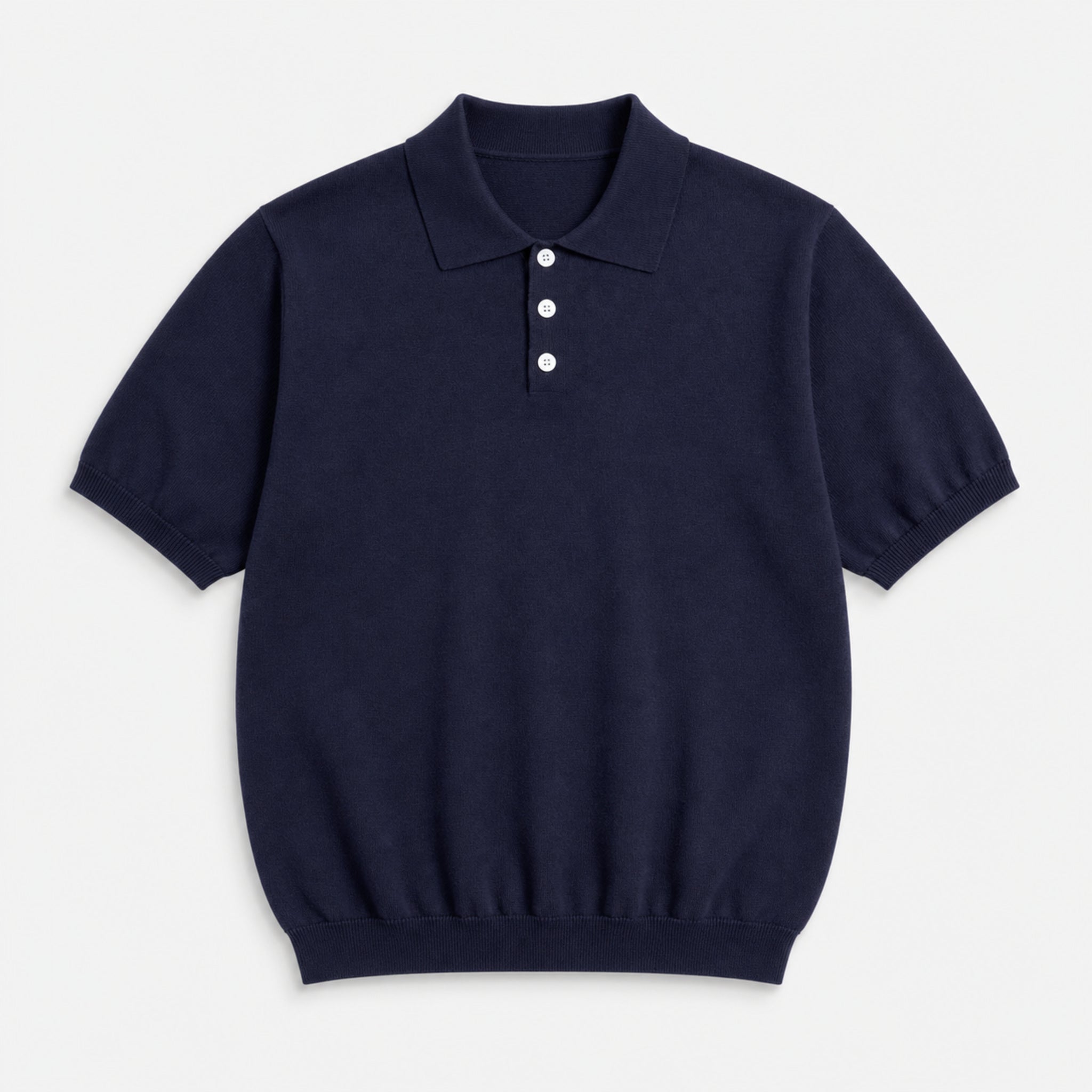 Men's Three-Button Knit Polo Shirt in Navy, product front view