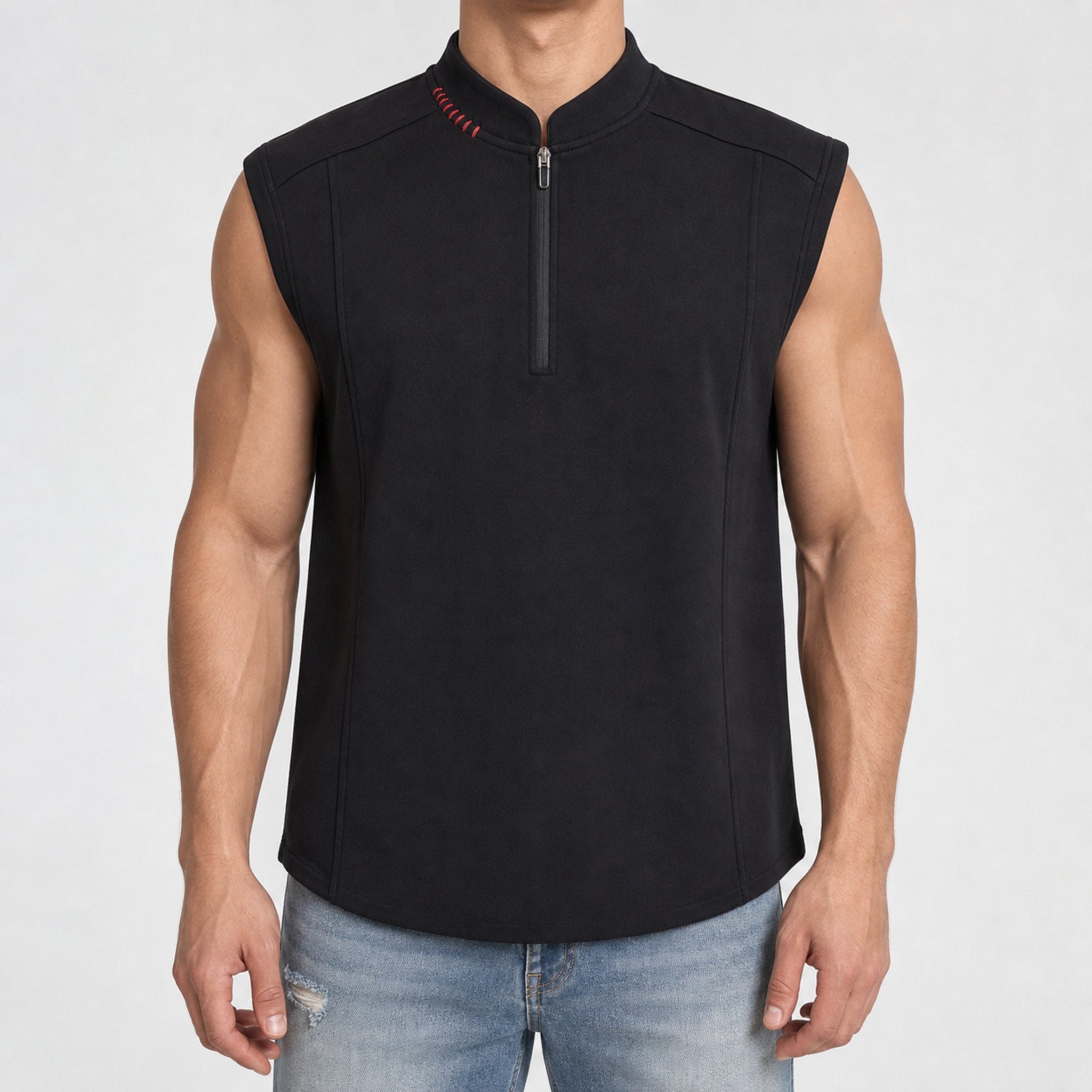 Men's Half-Zip Sleeveless Knit Top in Black, model front view