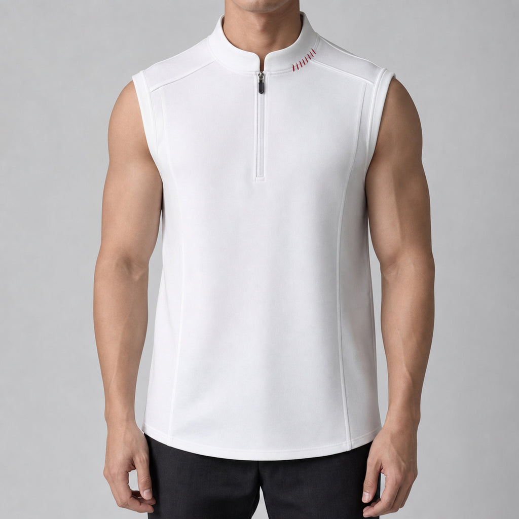 Men's Half-Zip Sleeveless Knit Top in White, model front view