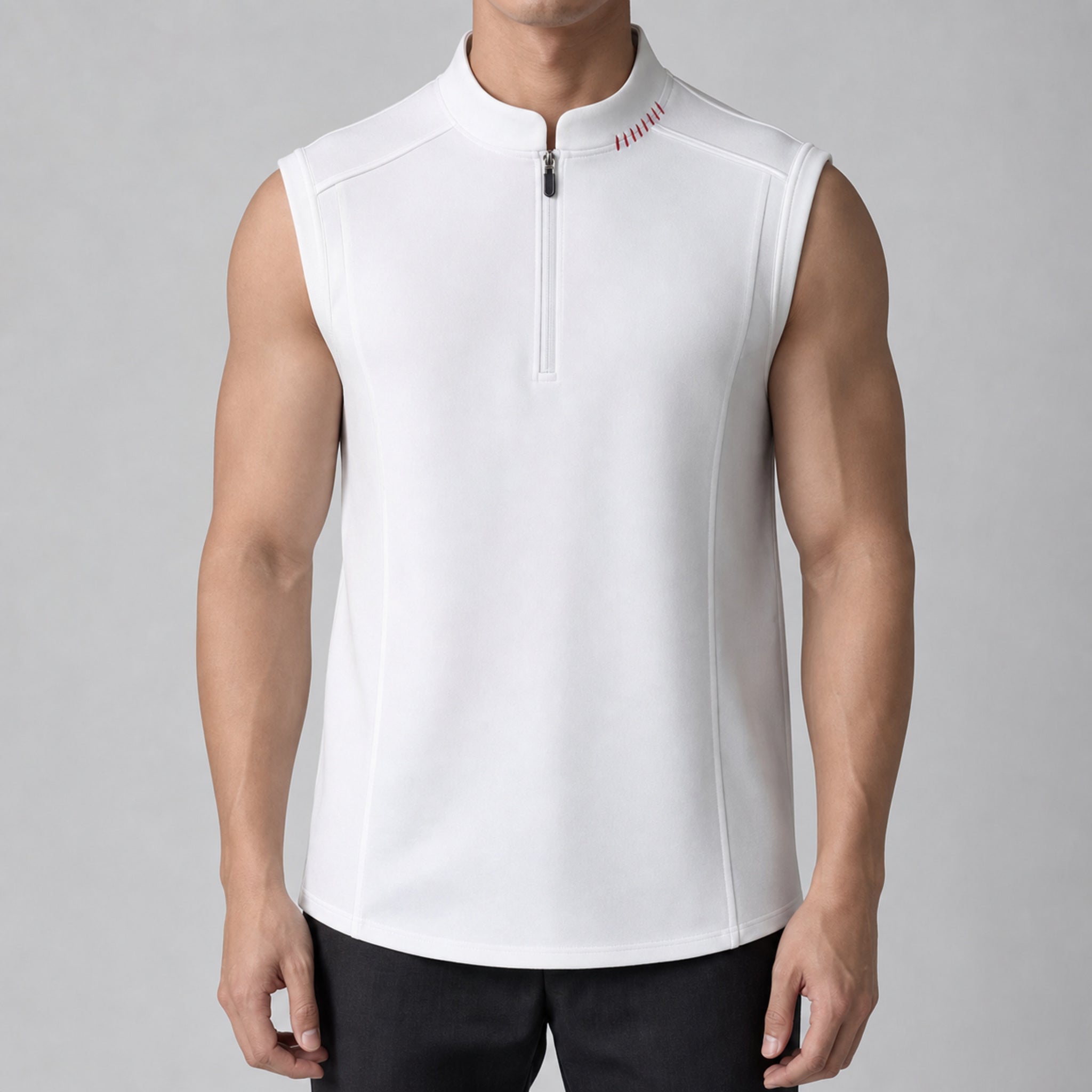 Men's Half-Zip Sleeveless Knit Top in White, model front view