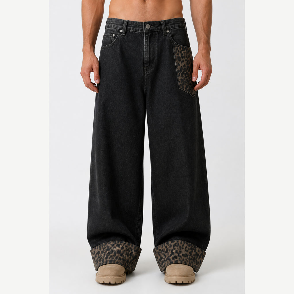 Men's Leopard Panel Wide-Leg Jeans in Black, model front view
