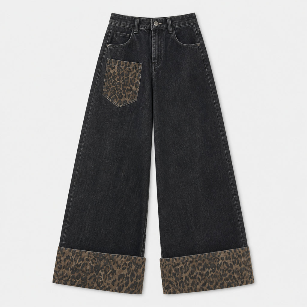 Men's Leopard Panel Wide-Leg Jeans in Black, product front view