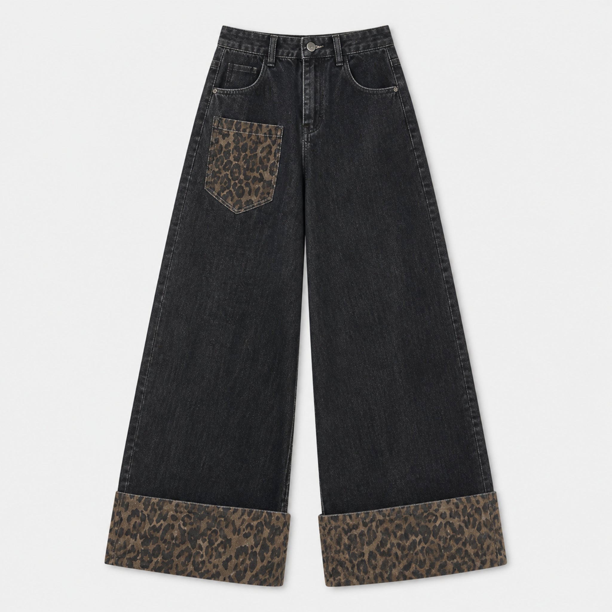 Men's Leopard Panel Wide-Leg Jeans in Black, product front view