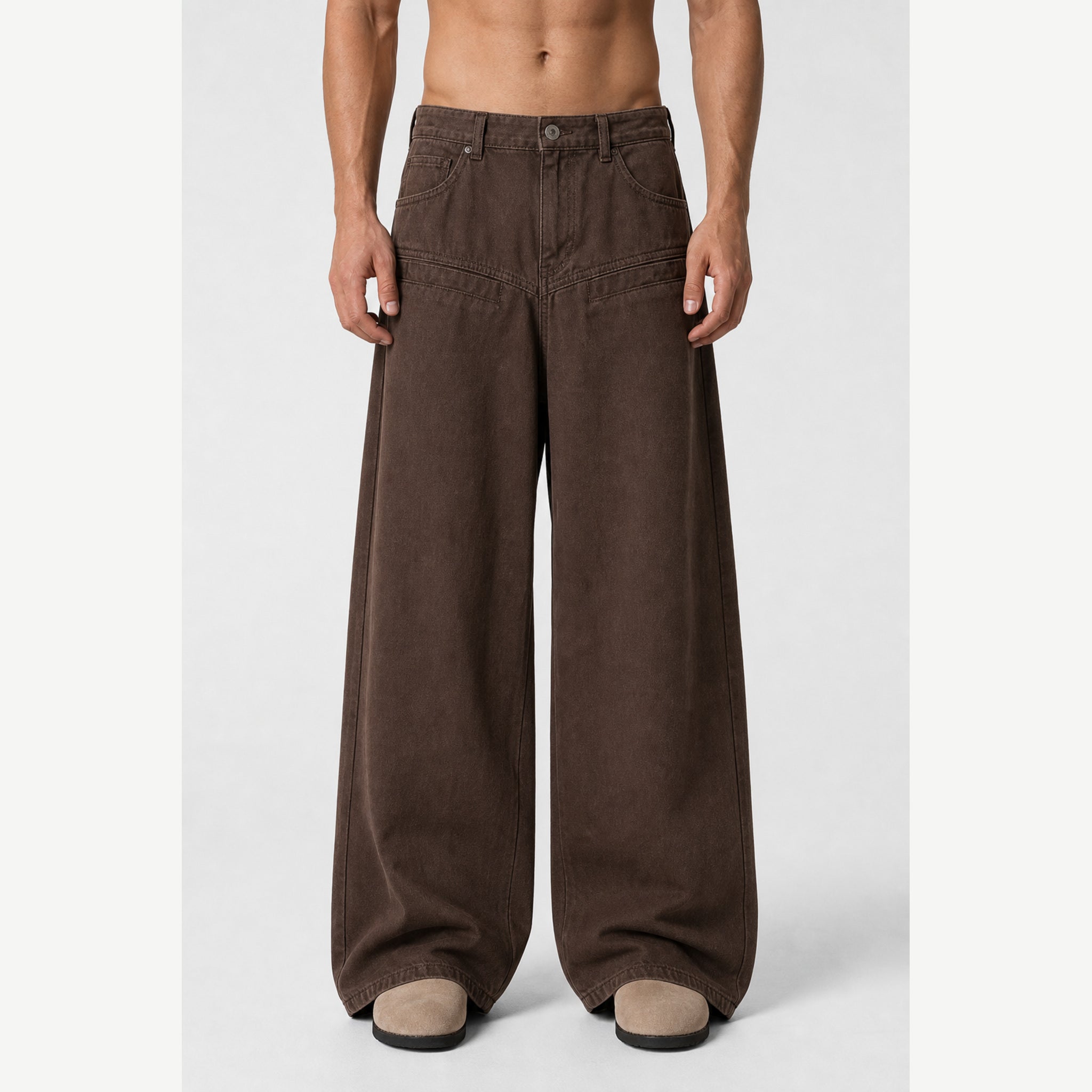 Men's Washed Wide-Leg Pants in Brown, model front view