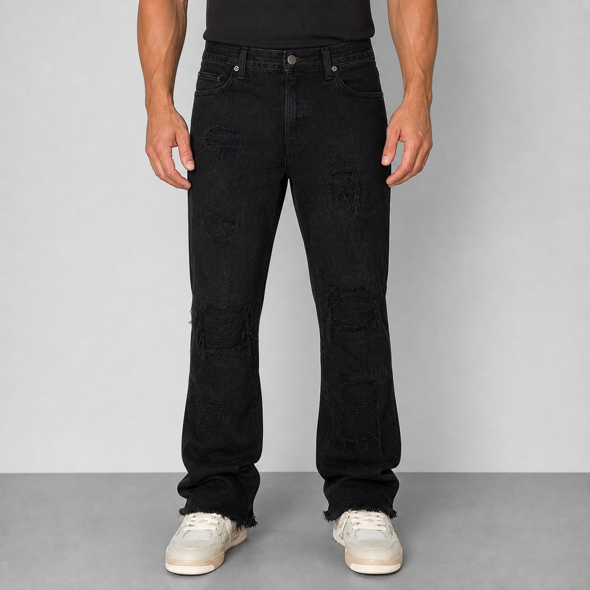 Men's Distressed Flared Jeans in Black, model front view