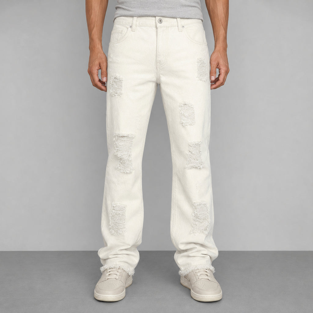 Men's Distressed Flared Jeans in Ivory, model front view