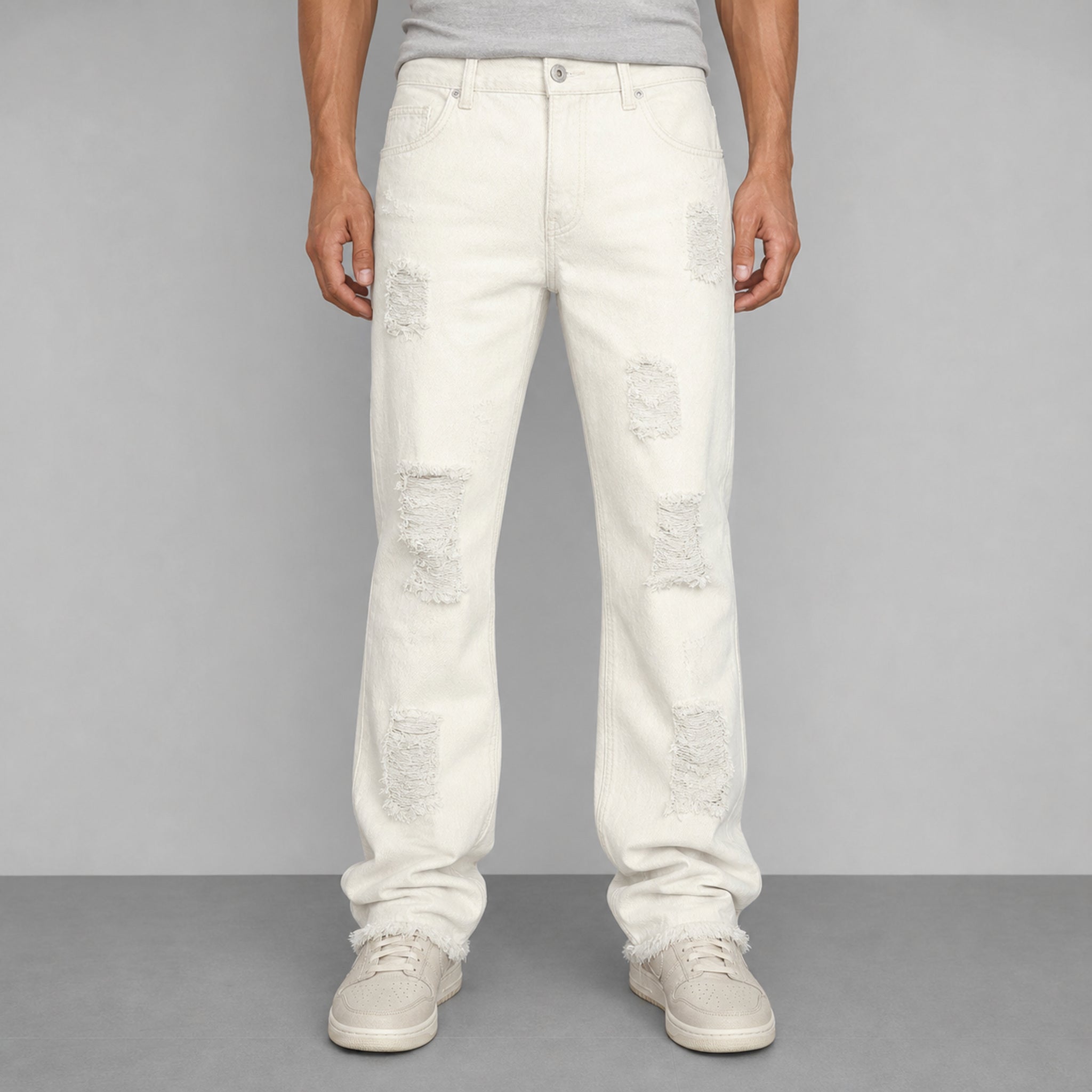 Men's Distressed Flared Jeans in Ivory, model front view