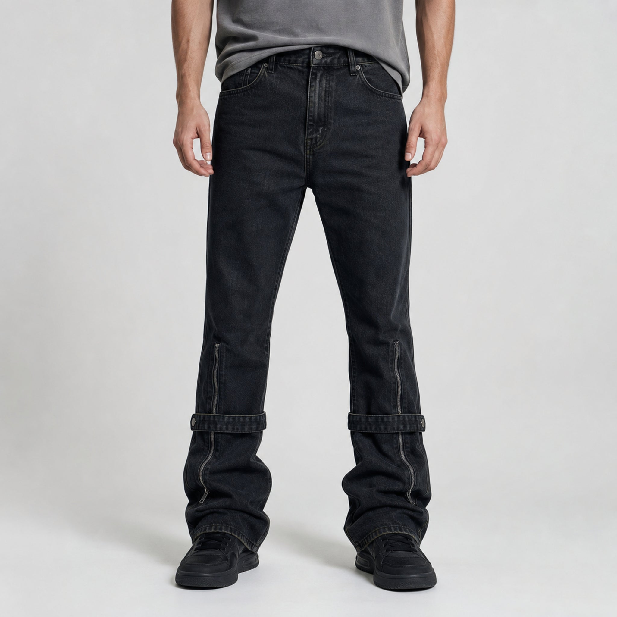 Men's Vintage Washed Flared Jeans in Black, model front view
