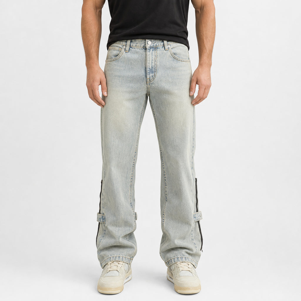 Men's Vintage Washed Flared Jeans in Light Blue Grey, model front view