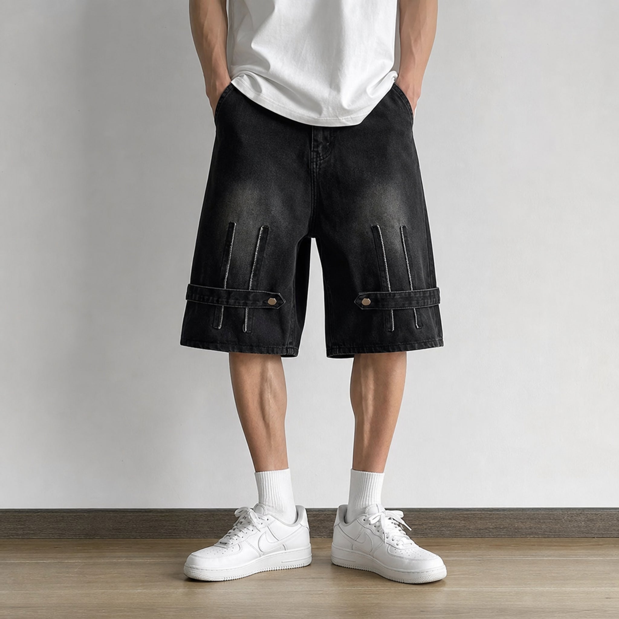Men's Zip Detail Denim Shorts in Black, model front view