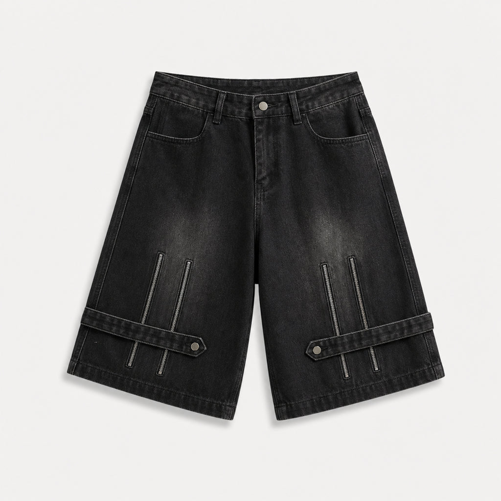 Men's Zip Detail Denim Shorts in Black, product front view