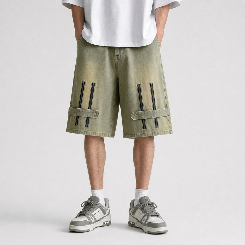 Men's Zip Detail Denim Shorts in Olive Khaki, model front view