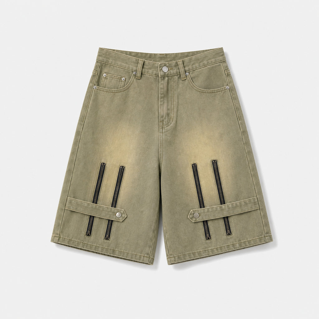 Men's Zip Detail Denim Shorts in Olive Khaki, product front view
