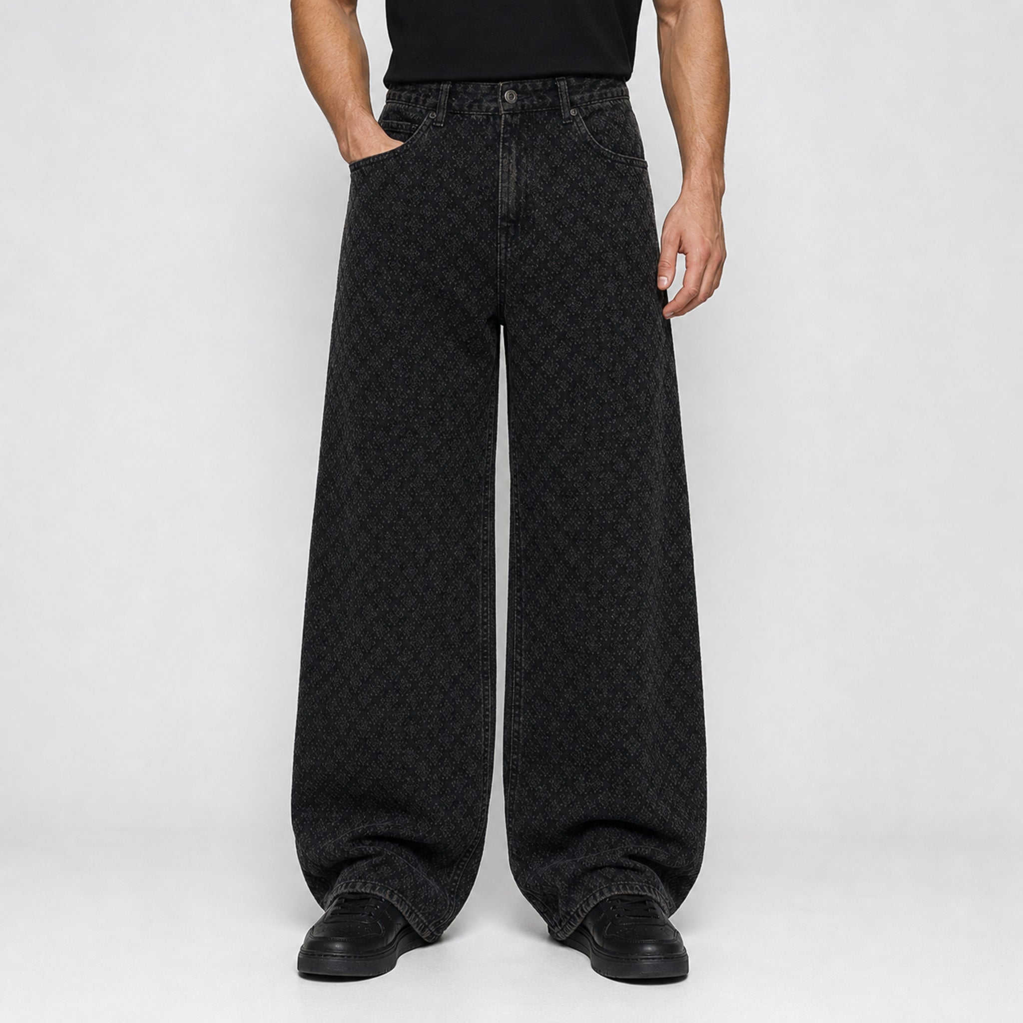 Men's Jacquard Washed Wide-Leg Jeans in Black, model front view