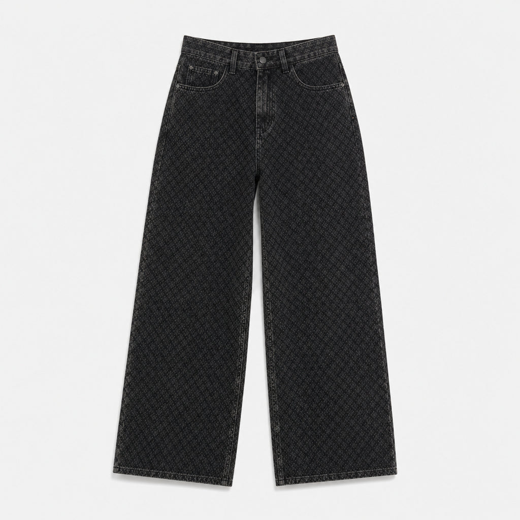Men's Jacquard Washed Wide-Leg Jeans in Black, product front view