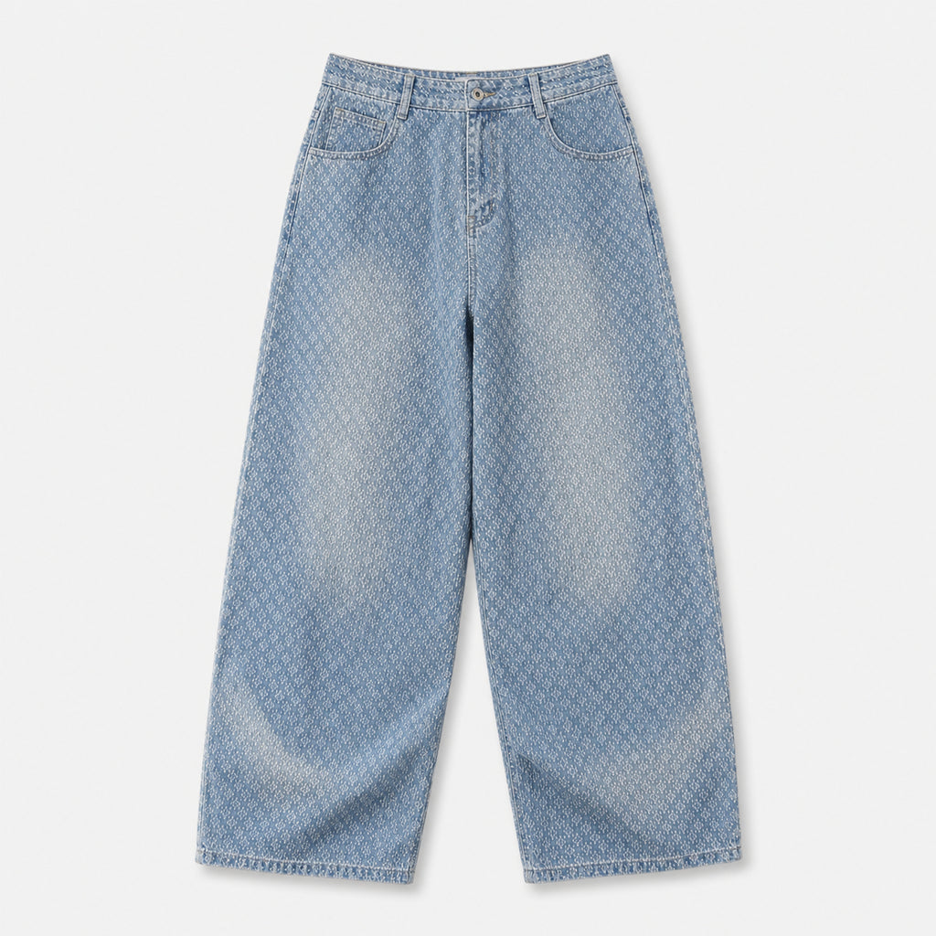 Men's Jacquard Washed Wide-Leg Jeans in Light Blue, product front view