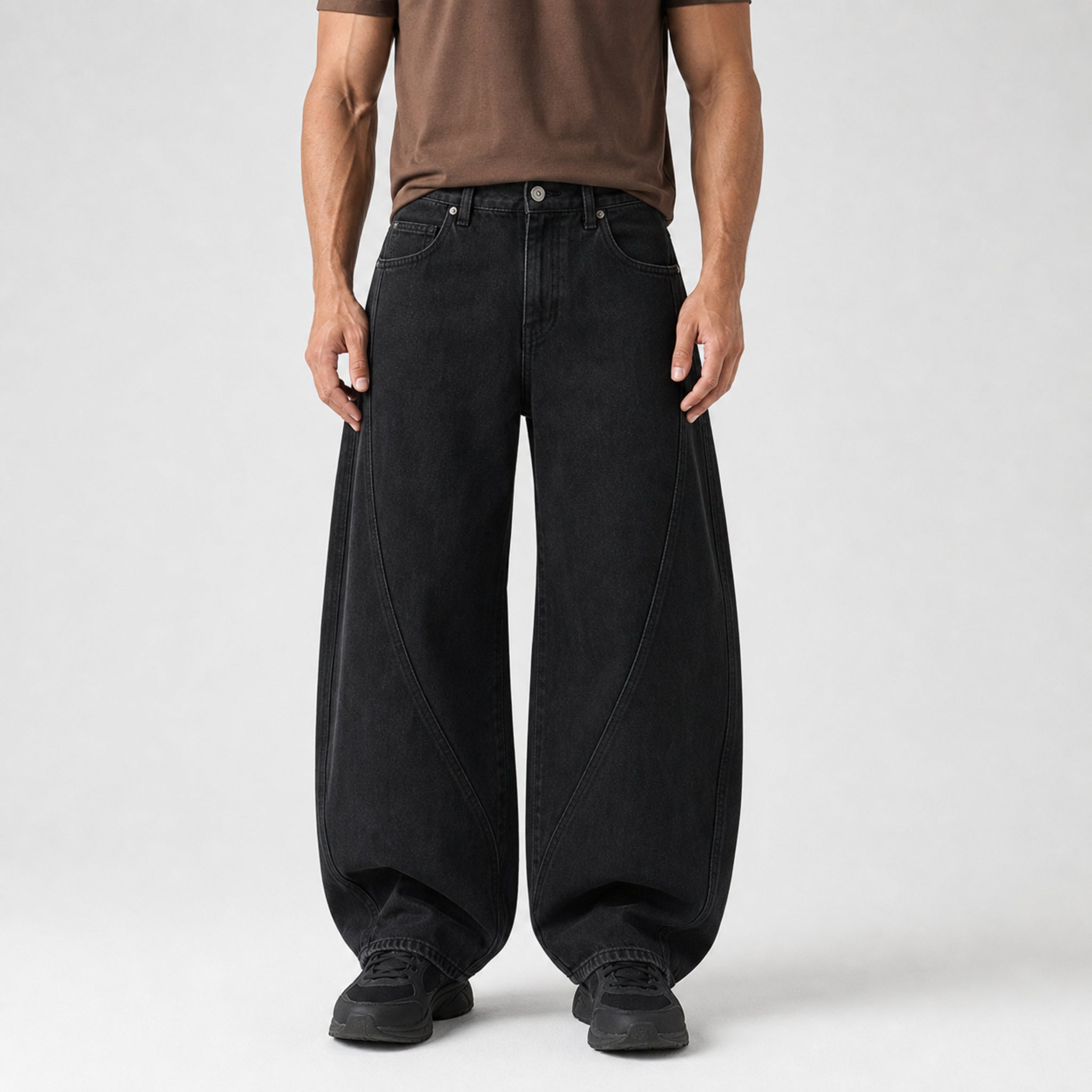 Men's Vintage Curved-Leg Jeans in Black, model front view
