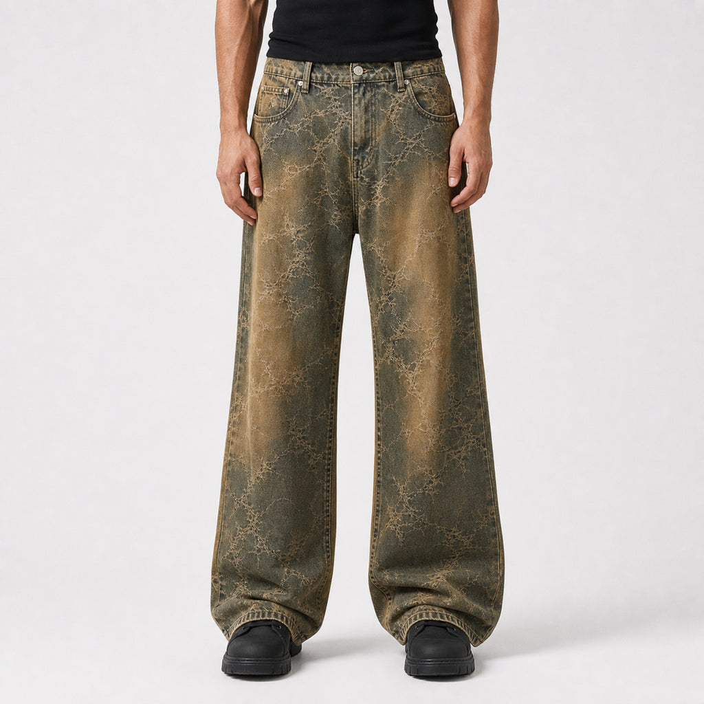 Men's Jacquard Flared Jeans in Brown, model front view
