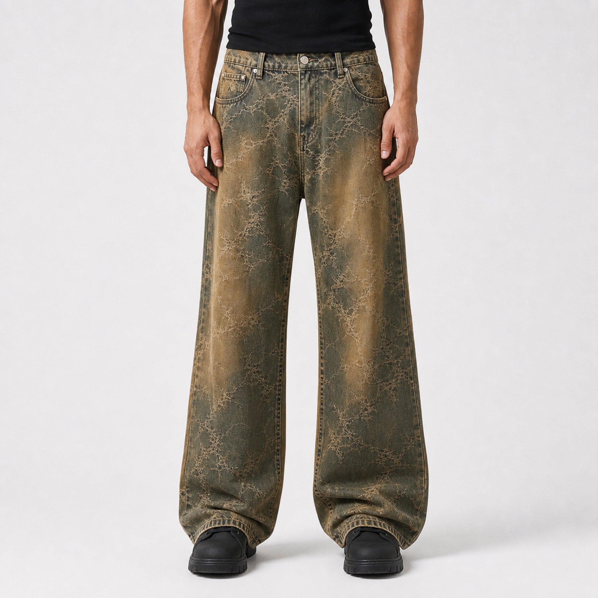 Men's Jacquard Flared Jeans in Brown, model front view
