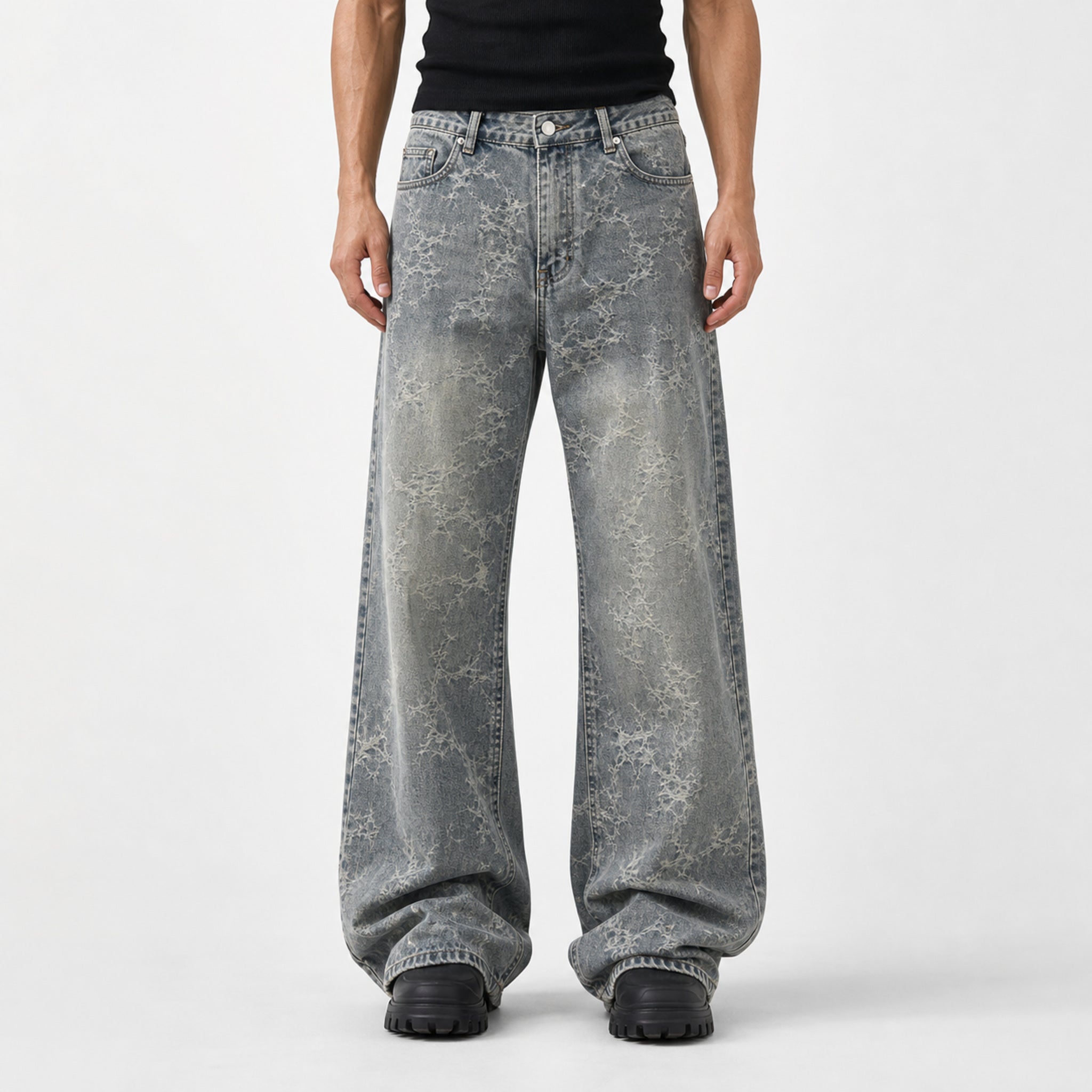 Men's Jacquard Flared Jeans in Grey, model front view