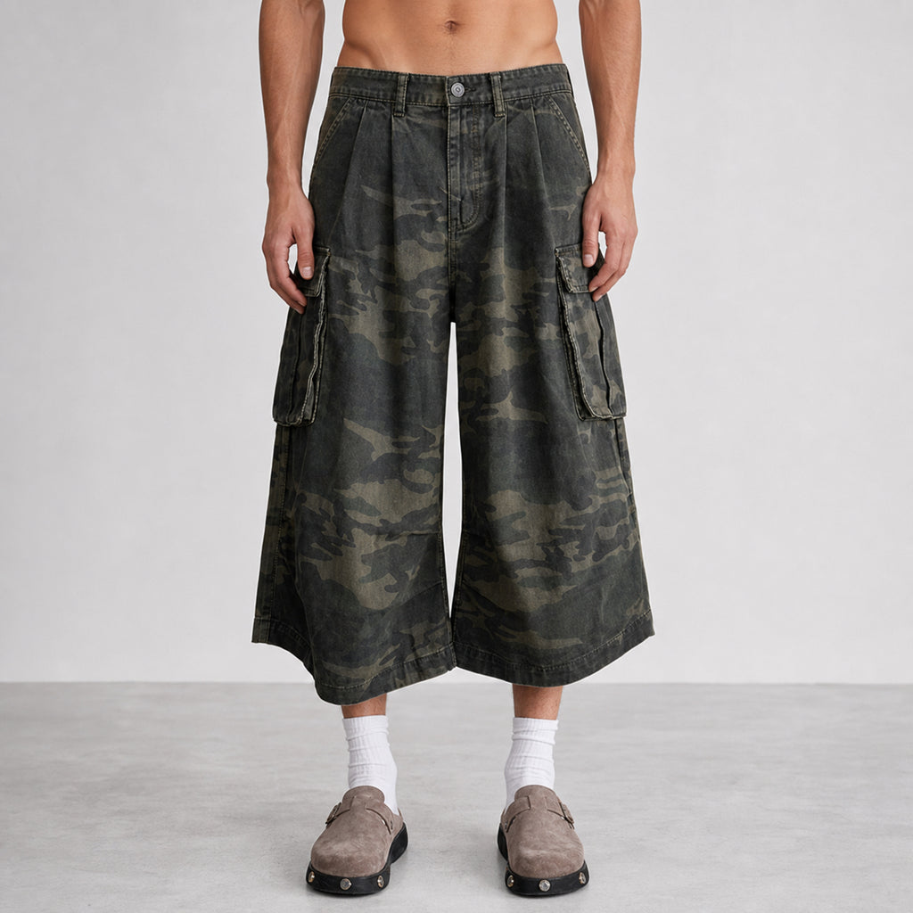 Men's Camo Utility Cropped Pants in Dark Olive Camo, model front view
