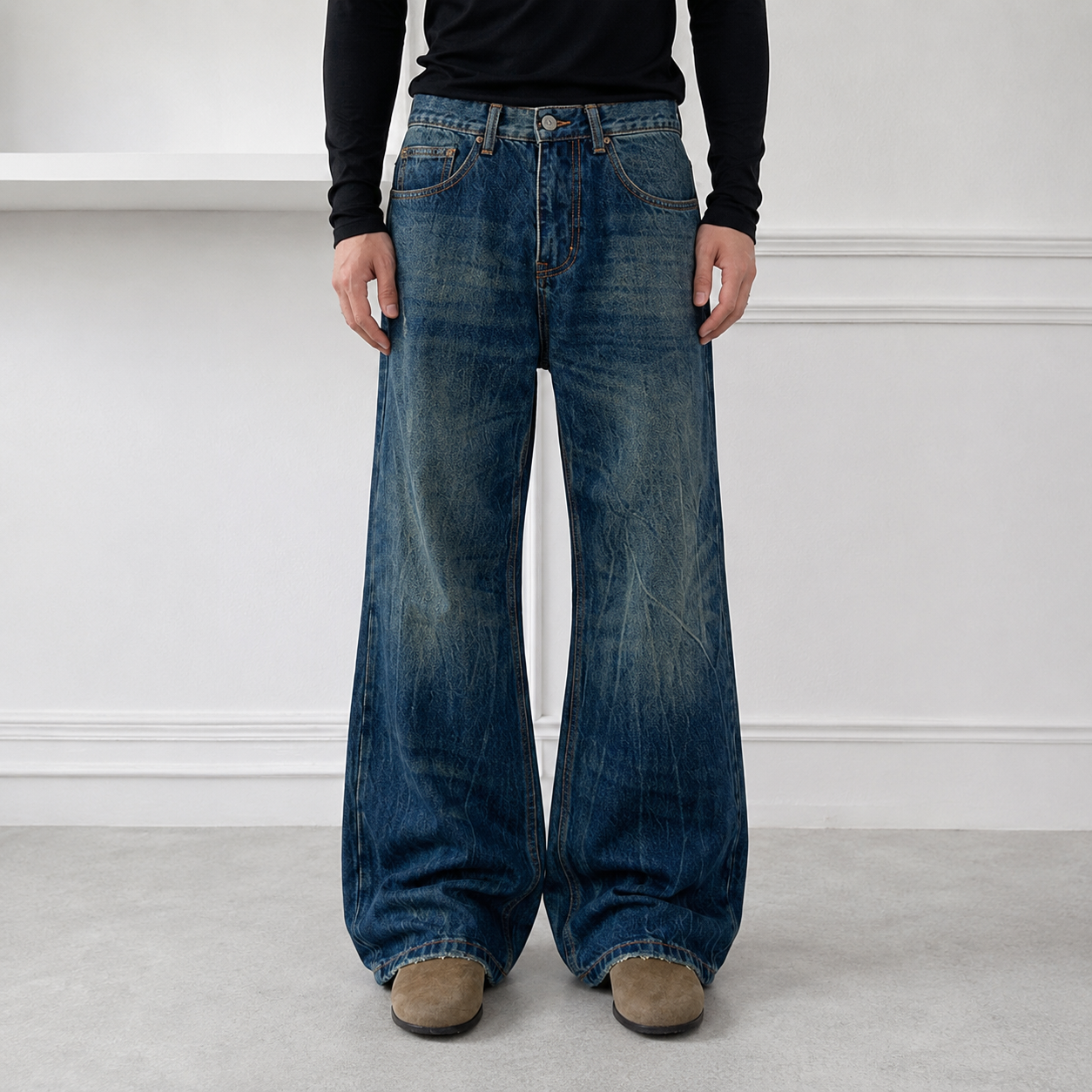 Men's Lightning Jacquard Flared Jeans in Vintage Blue, model front view