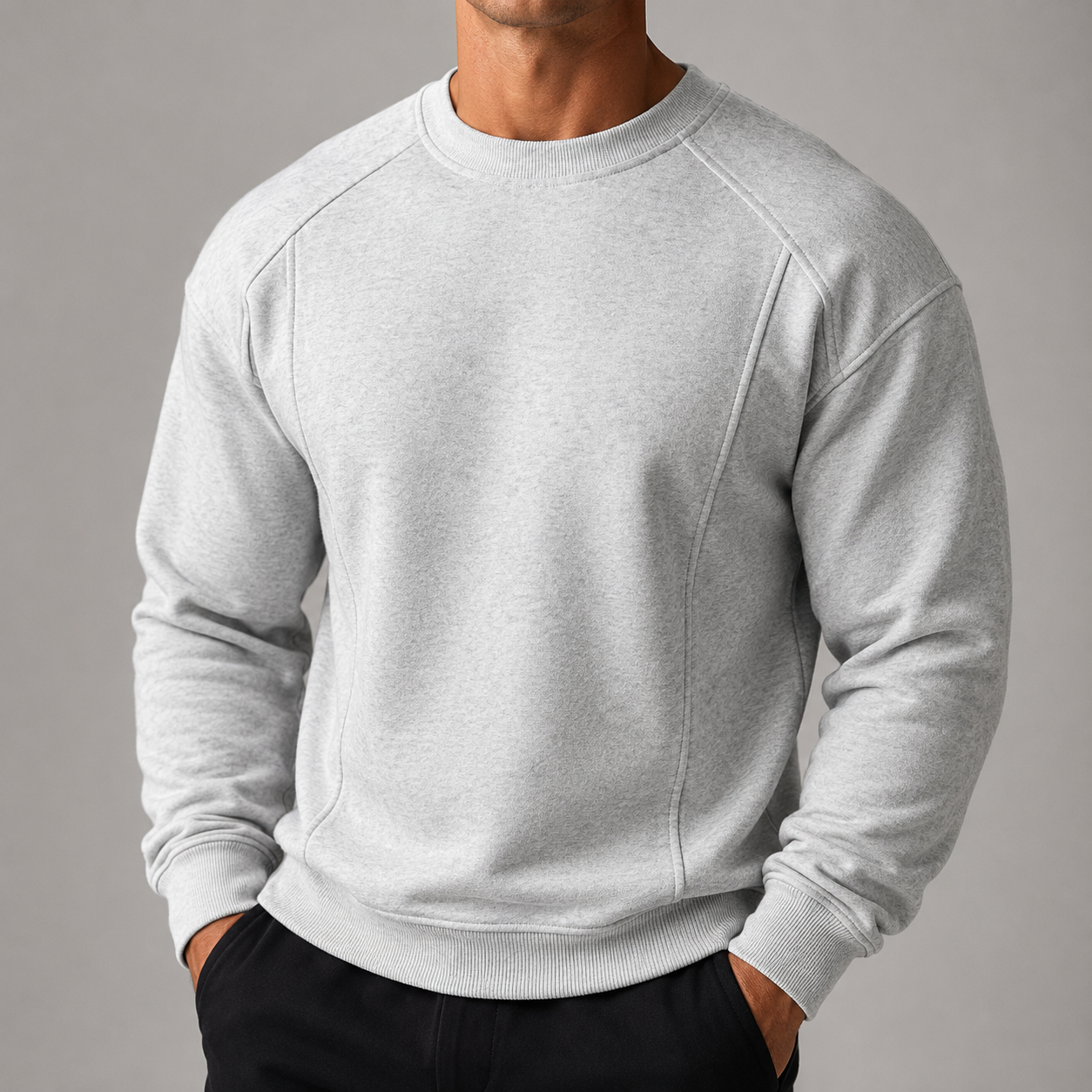 VAREN FORM Heavy Cotton Raglan Crewneck Sweatshirt heather grey model front