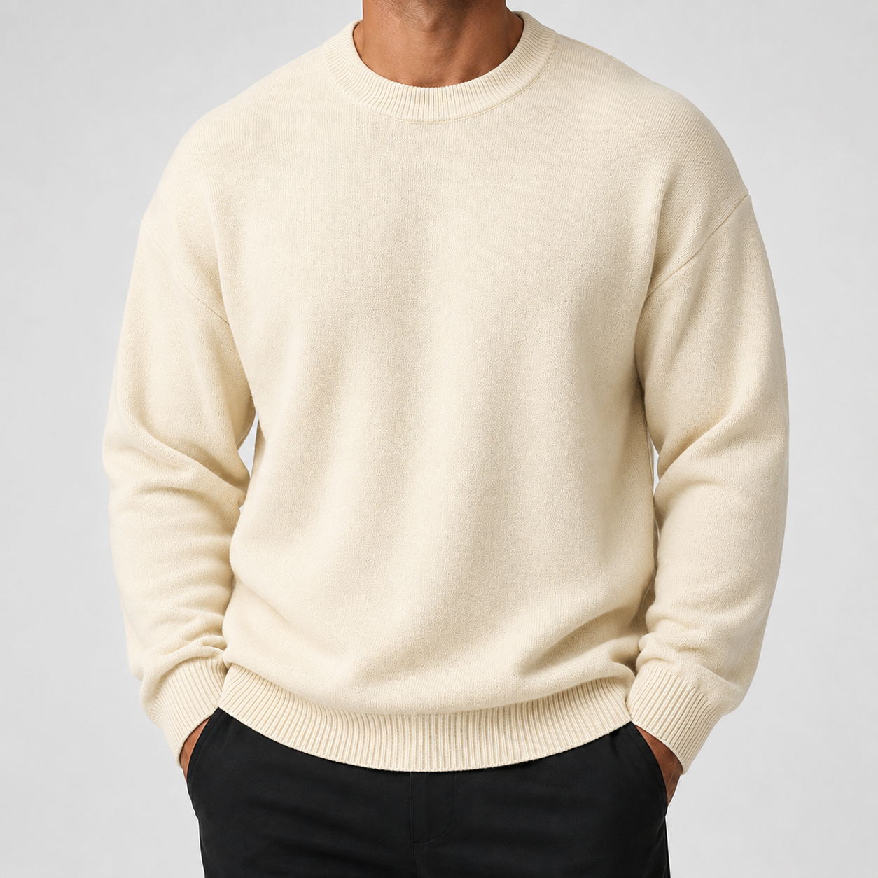 VAREN FORM Heavyweight Solid Crewneck Knit Sweater ivory model front