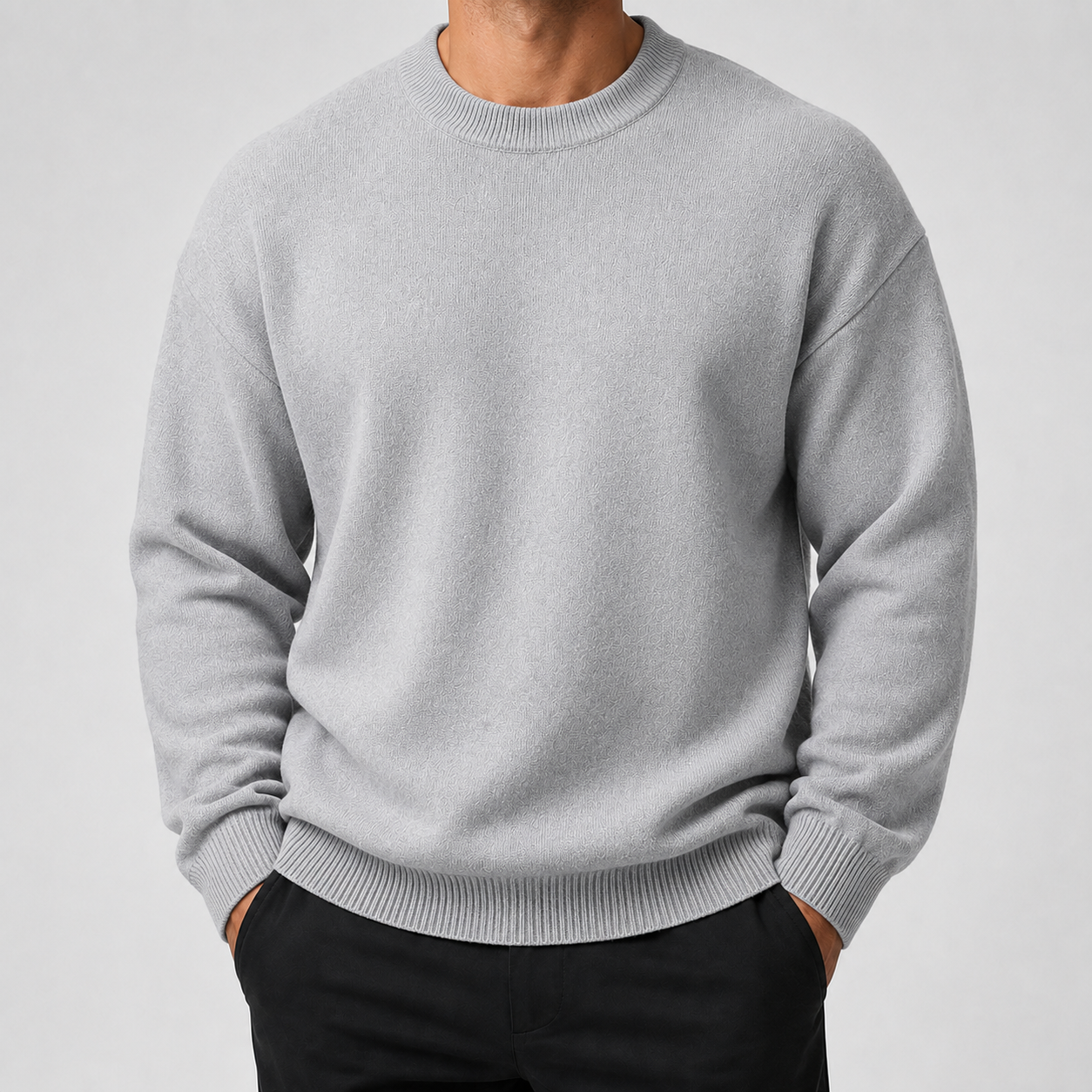 VAREN FORM Heavyweight Solid Crewneck Knit Sweater light grey model front