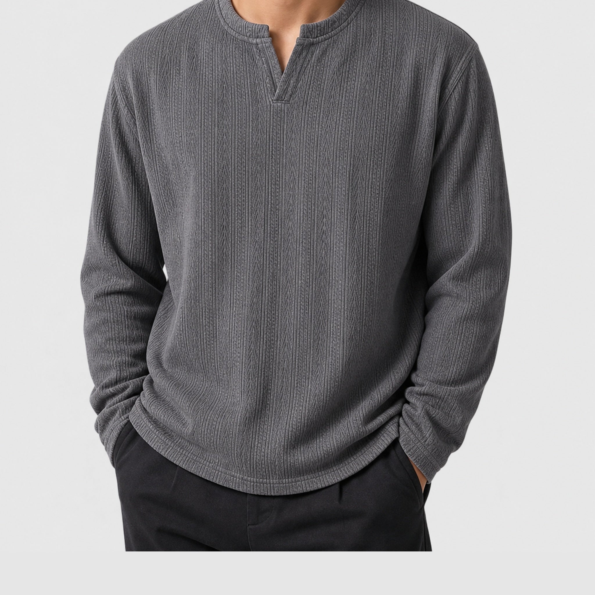 VAREN FORM Heavyweight V-Neck Pullover Sweatshirt charcoal grey model front